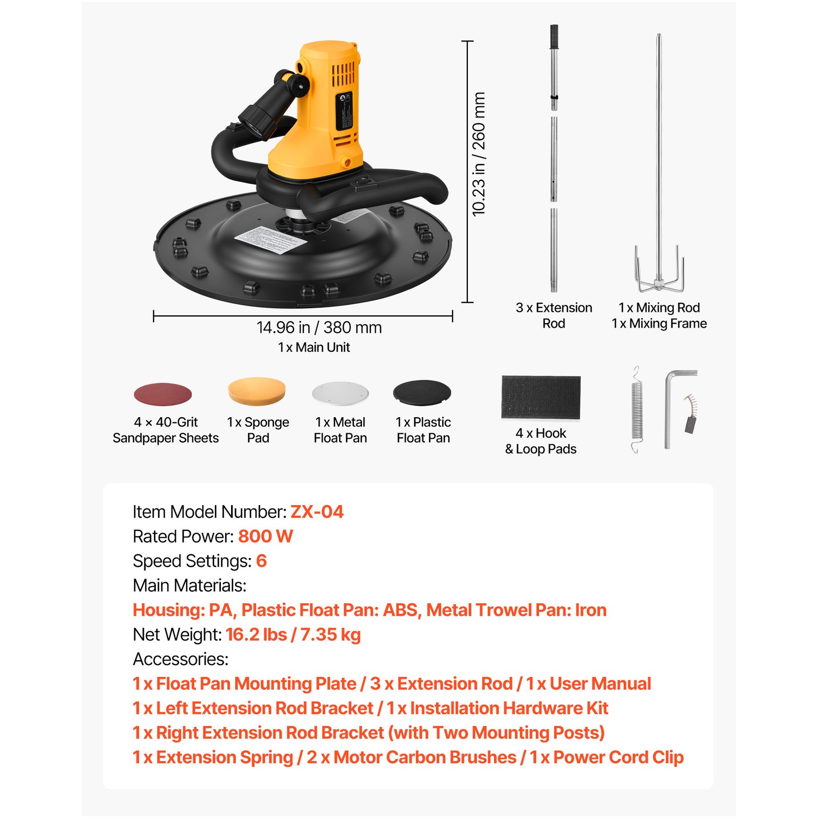 Uimoso Electric Trowel 800W Concrete Finisher with 6-Speed Control & Mixing Rod