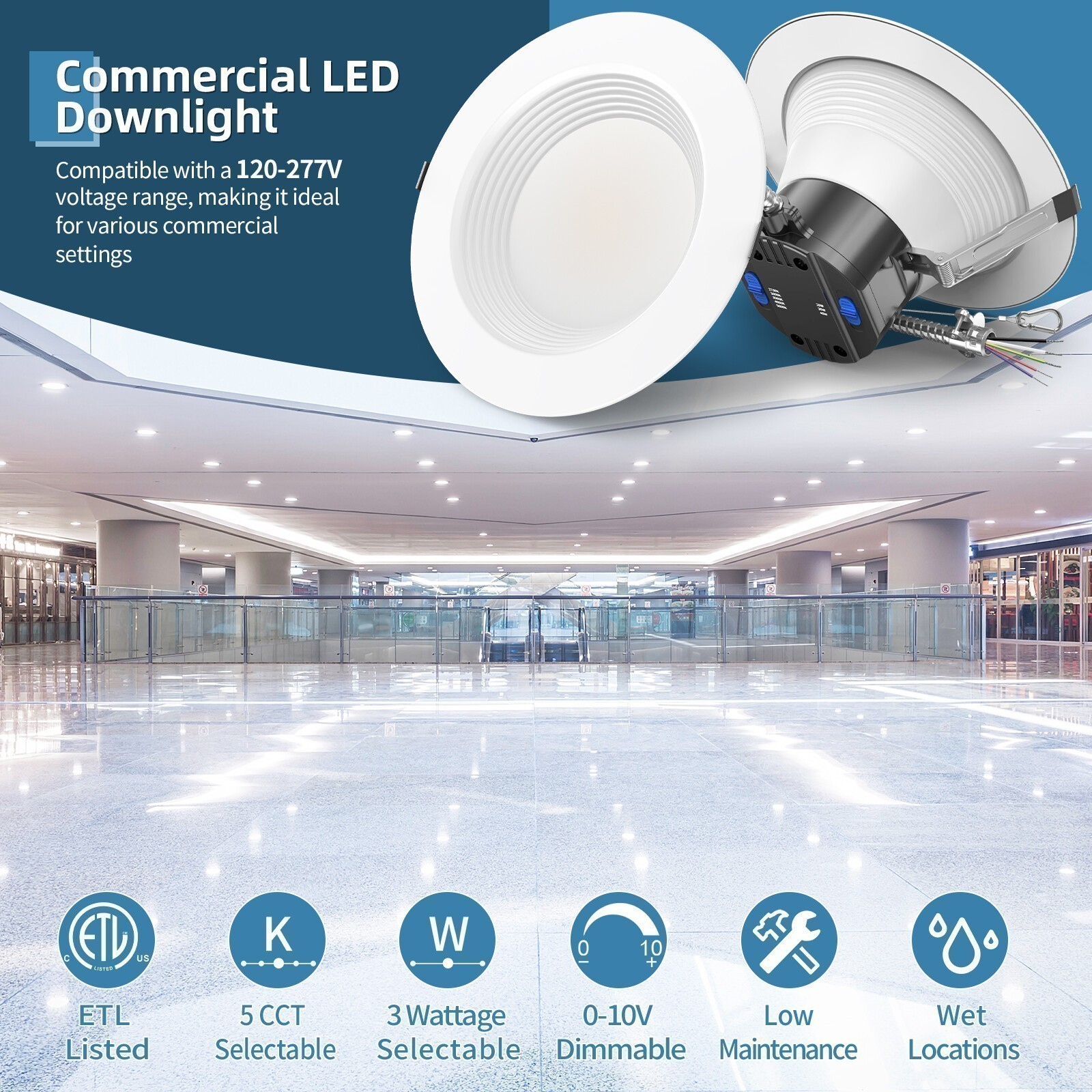 8 Inch LED Commercial Downlight,36W Recessed Ceiling Light Power &CCT Adjustable