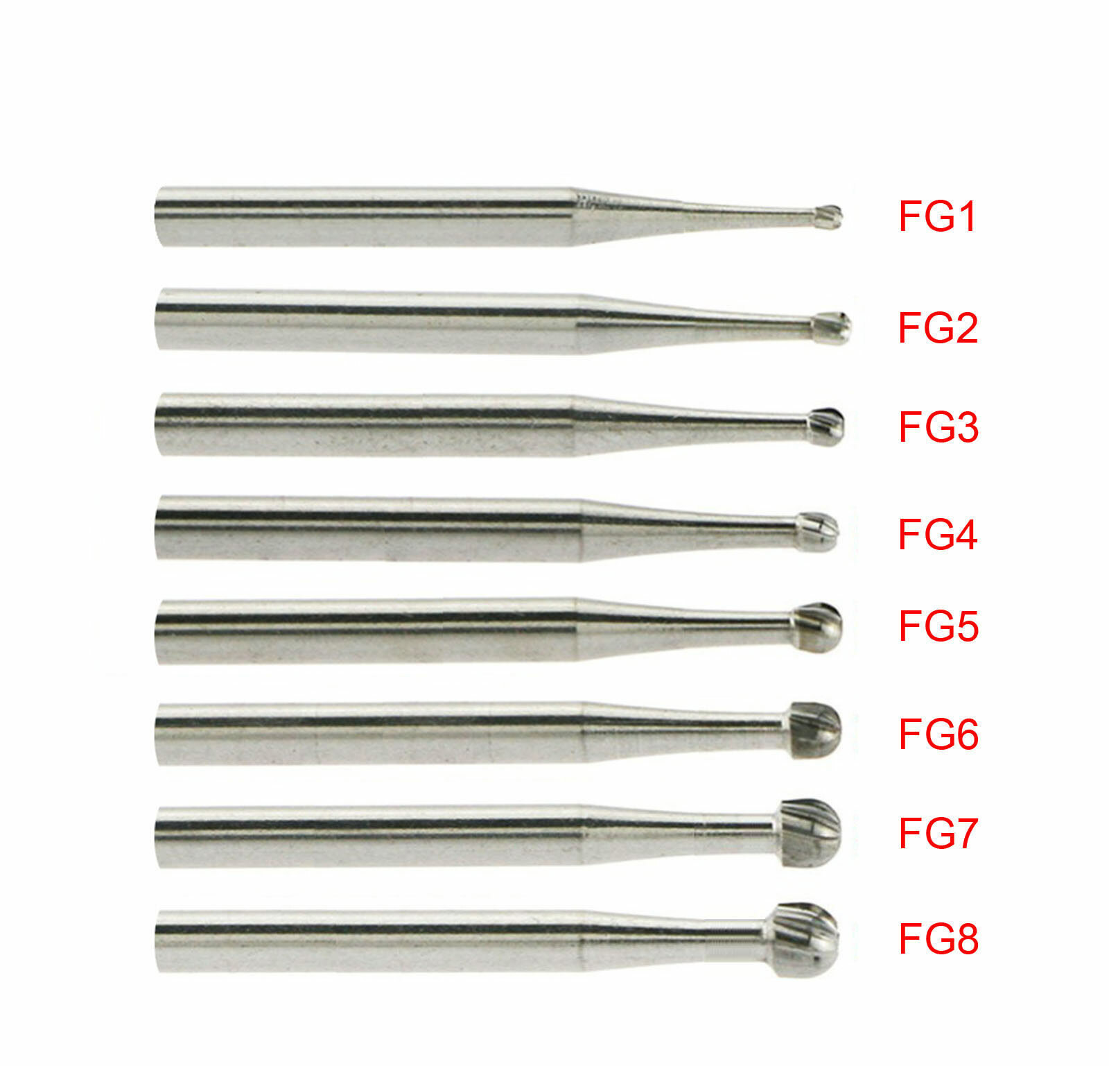 10-100pcs Dental Tugsten Round Carbide Burs FG 1-8 Bur for High Speed Handpiece