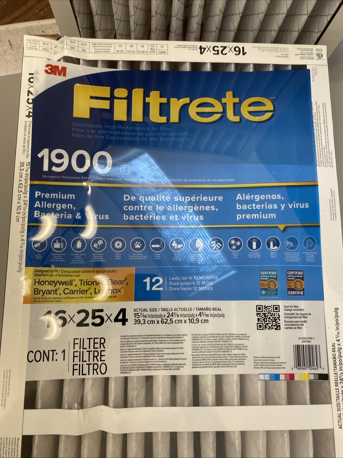 Filtrete 16x25x4 AC Furnace Air Filter MERV 13, MPR 1900 Premium Allergen 2 PACK