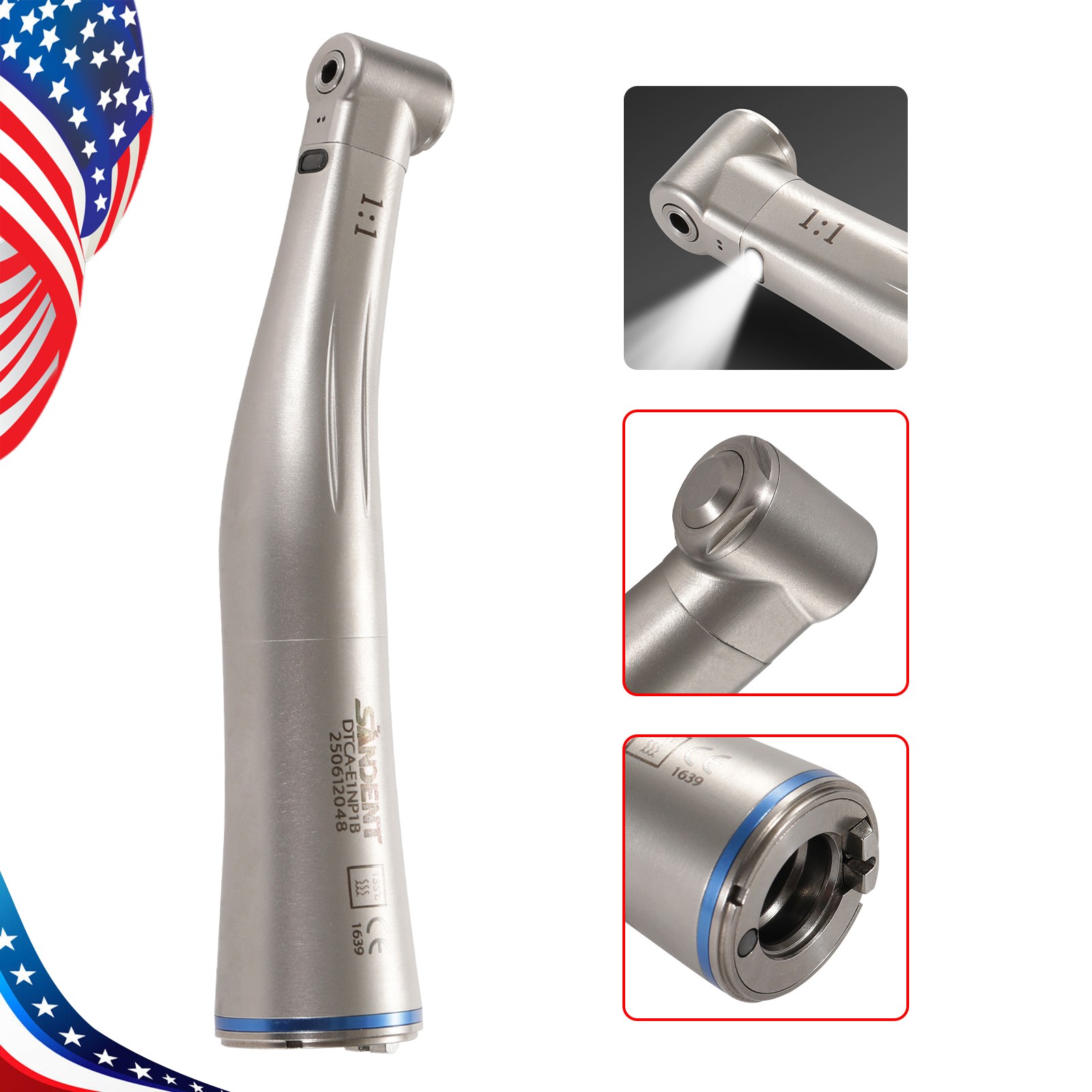 SANDENT Dental 1:1 Fiber Optic LED Contra Angle Handpiece Push Button E-type SA