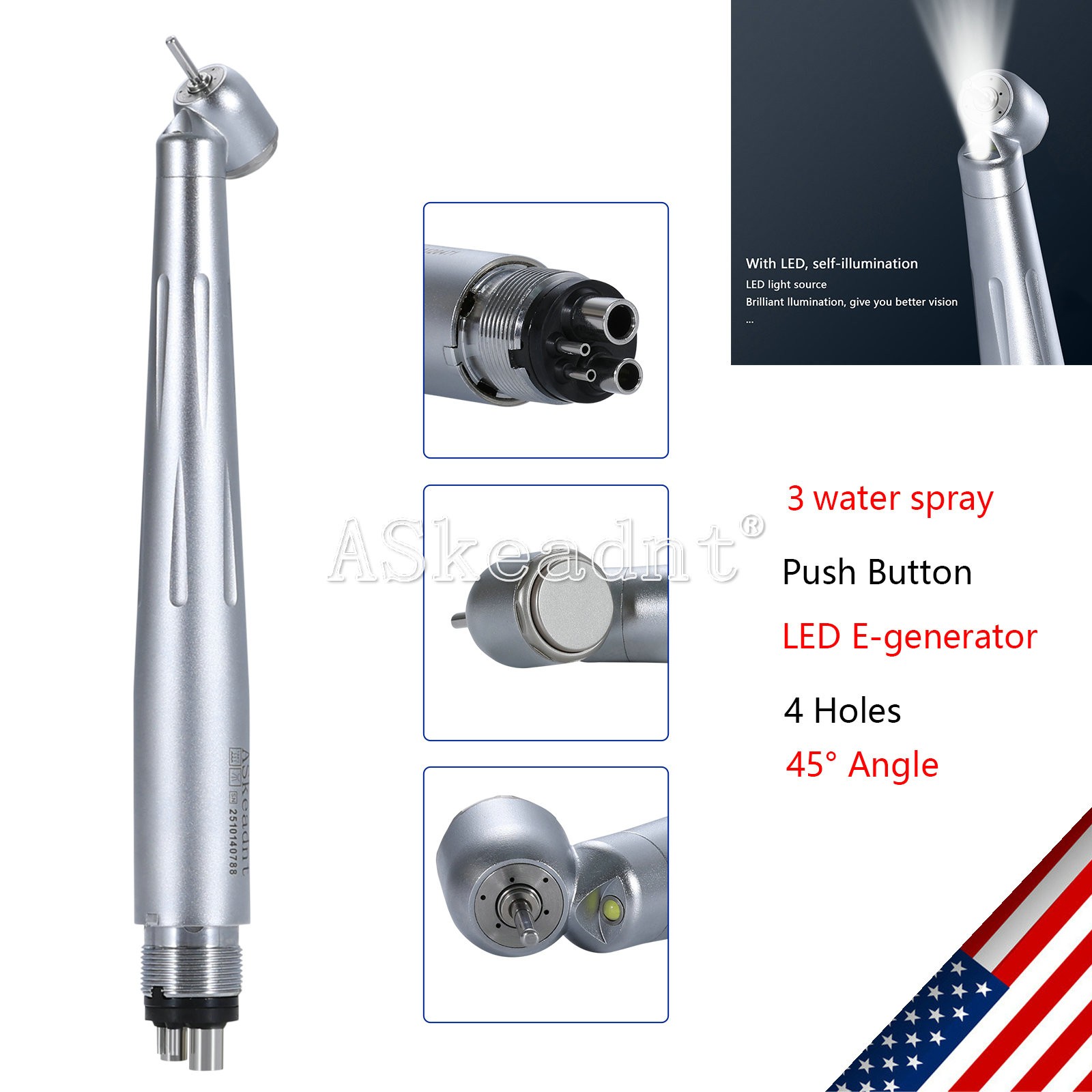 Dental 45 Degree 45° LED E-generator High Speed Handpiece 3 Spray 4 holes ASK