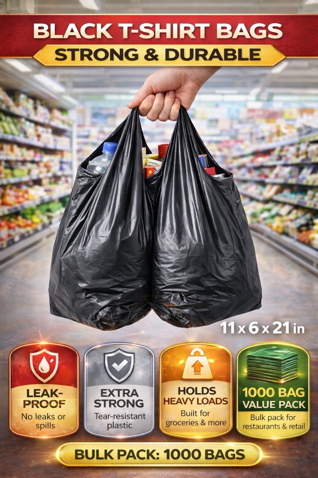 Black T-Shirt Carry-Out Bags 11x6x21 in Tear Resistant 1000 Pack