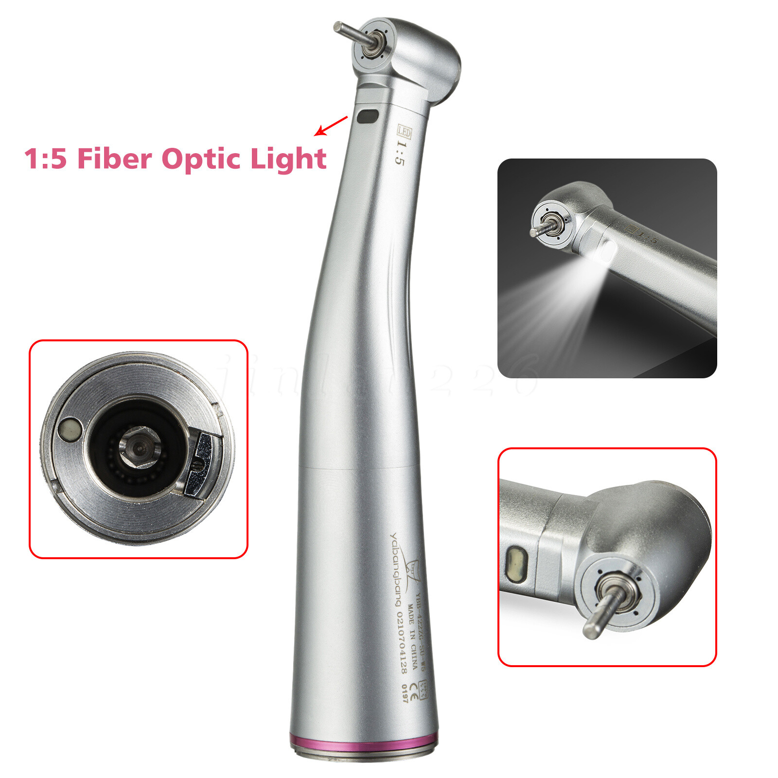 NSK Ti-MAX X95L Style Dental 1:5 LED Fiber Optic Contra Angle Handpiece Red Ring