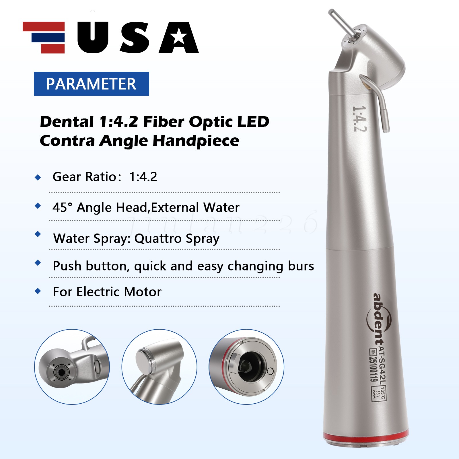 10 PCS Dental 1:4.2 LED 45°Angle Head Contra Angle Handpiece External Water