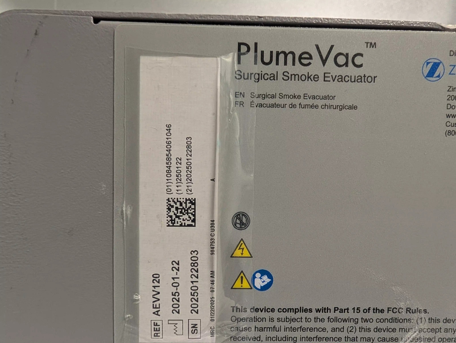 Zimmer Biomet PlumeVac Surgical Smoke Evacuator AEVV120 with PlumeGuard Filter