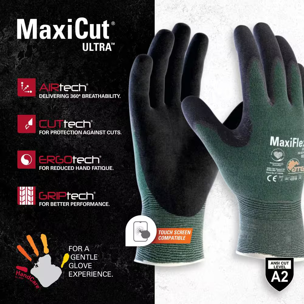 Maxiflex Cut Men’S Large Green ANSI 2 Premium Nitrile-Coated Outdoor and Work Gl