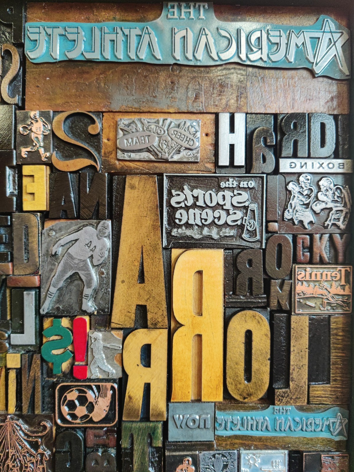Sports Themed Vintage Letter Press Print Block Collage In Wood Frame