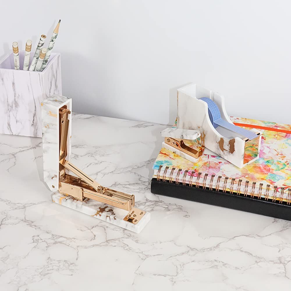 Mei Yi Tian Marble Gold Line Print Gold Stapler Staples Remover Tape Dispenser