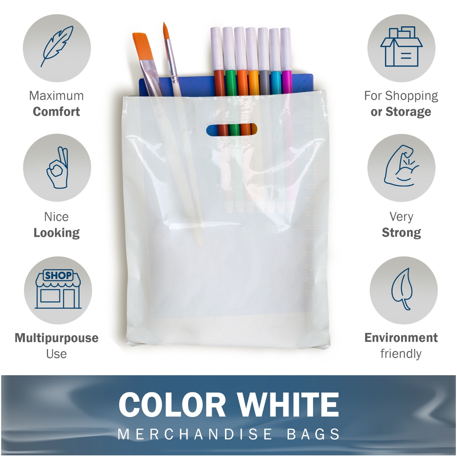 White Merchandise Plastic Shopping Bags – 100 Pack 9″ x 12″ with 1.5 mil Thick