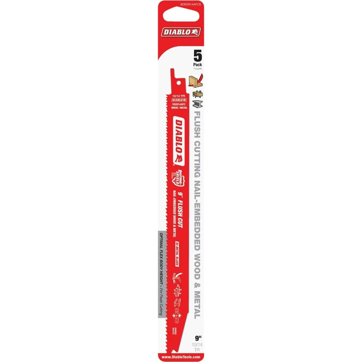 Diablo DS0914AFC5 Flush Cut Bi-Metal Reciprocating Saw Blade 9 in. pack of 5
