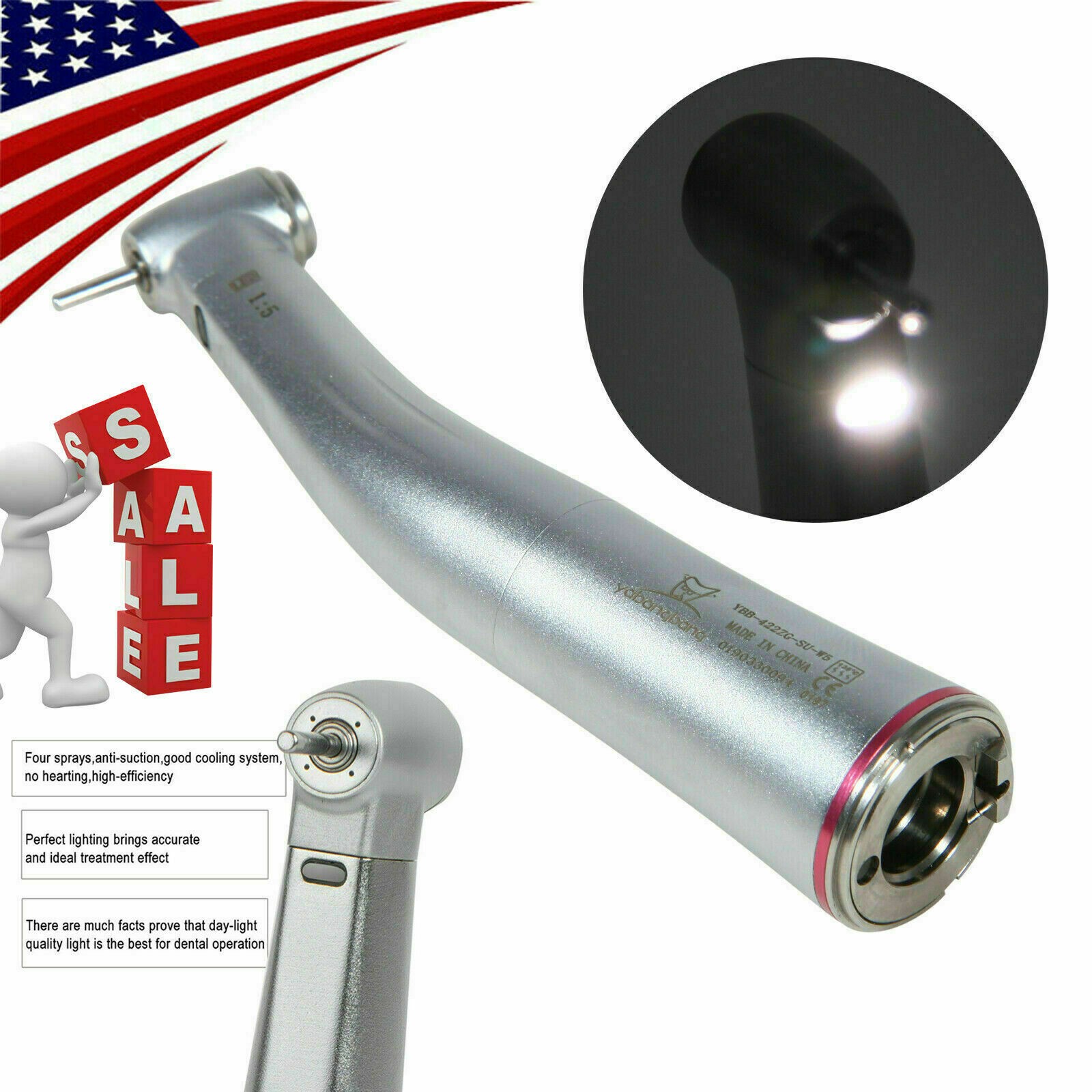 NSK Ti-MAX X95L Style Dental 1:5 LED Fiber Optic Contra Angle Handpiece Red Ring