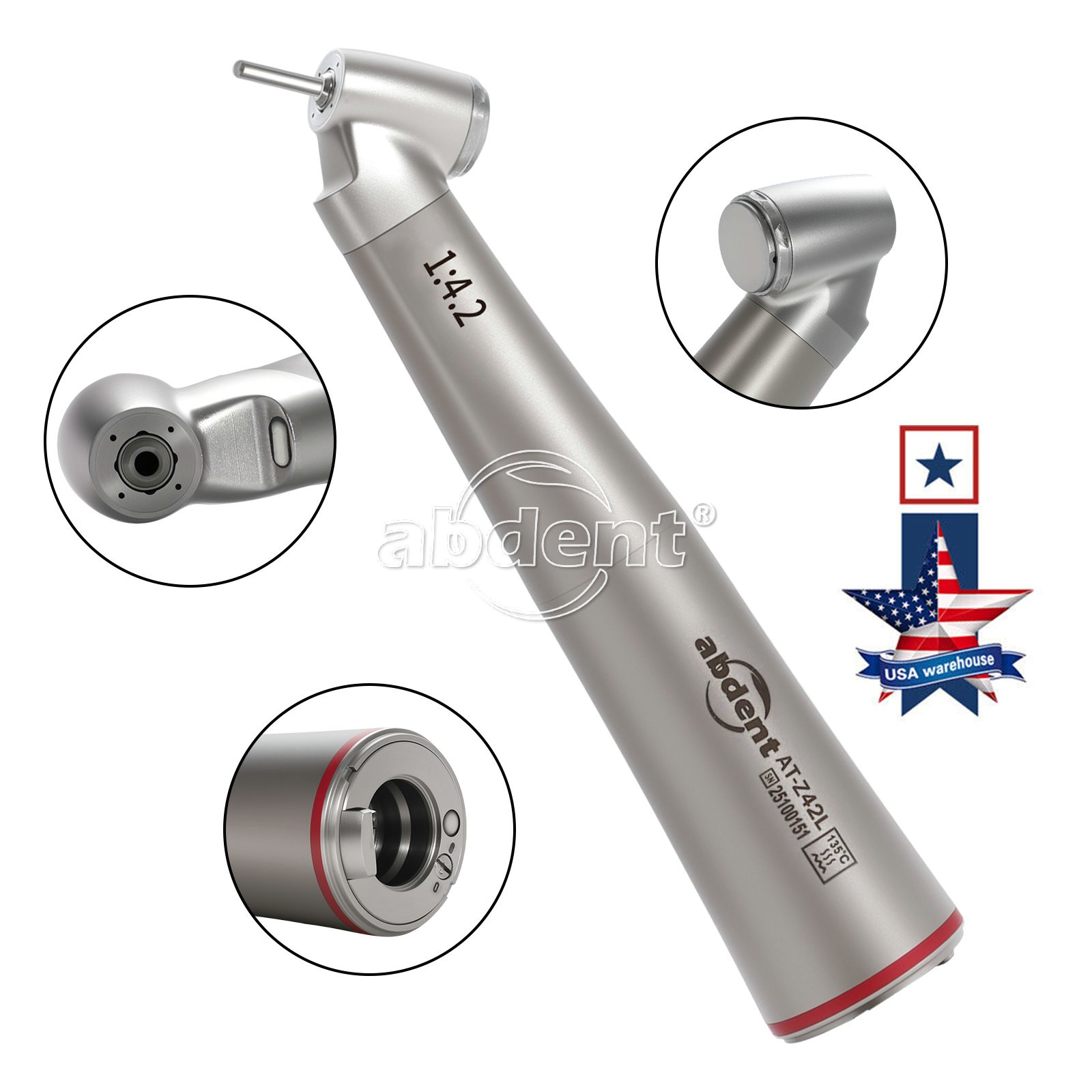 45° Electric Contra Angle LED Optic 1:4.2 Handpiece Quattro Spray abdent