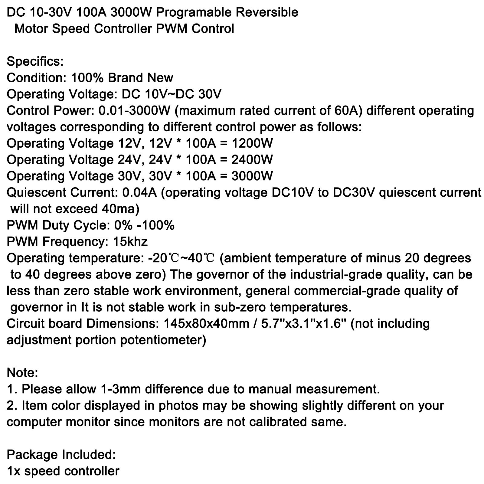 DC10-30V 100A 3000W Reversible Motor Speed Controller PWM Control USA