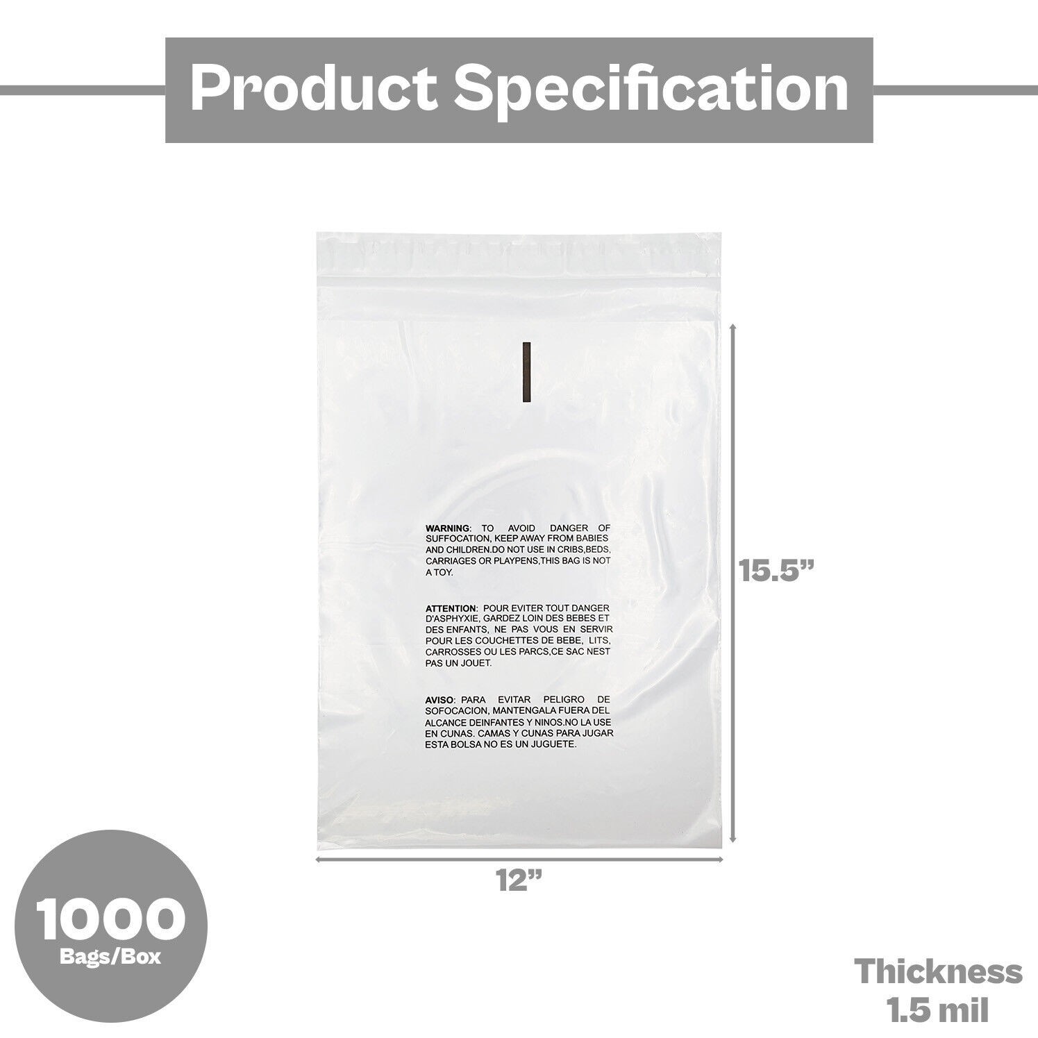Clear Resealable Poly Bags 12″x15.5″ w/ Suffocation Warning 1.5 Mil 1000 Pieces
