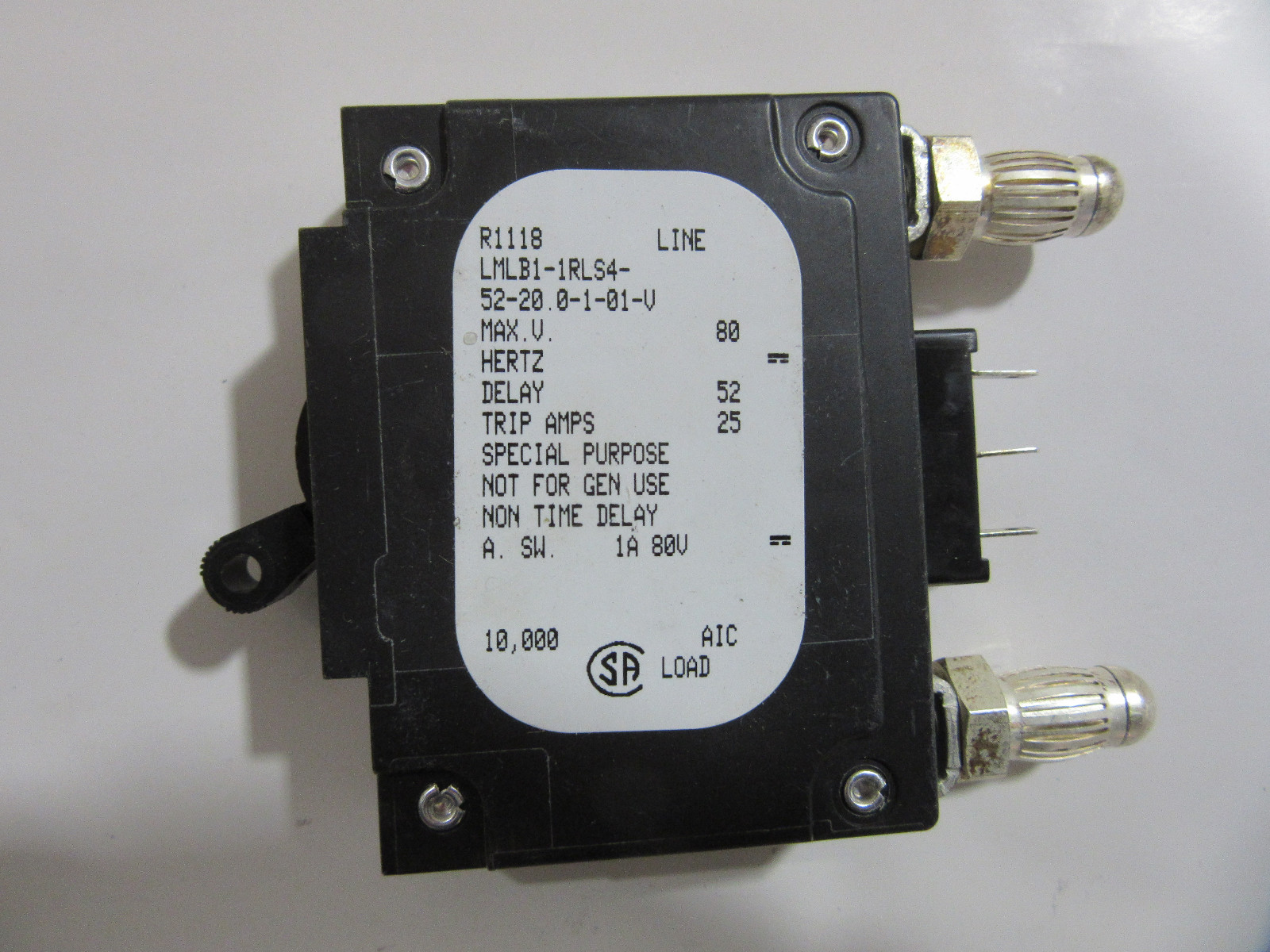 Airpax Sensata LMLB1-1RLS4-52-20.0-1-01-V Bullet Breaker 1P 20A 80VDC Max NEW!!!