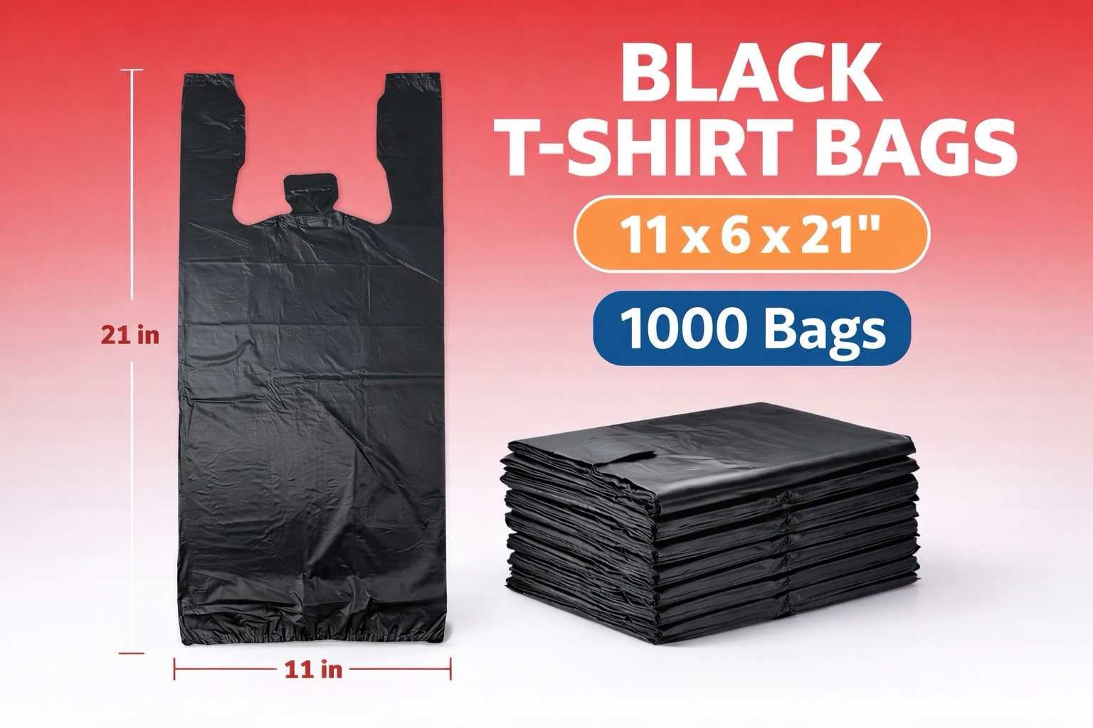 Black T-Shirt Carry-Out Bags 11x6x21 in Tear Resistant 1000 Pack