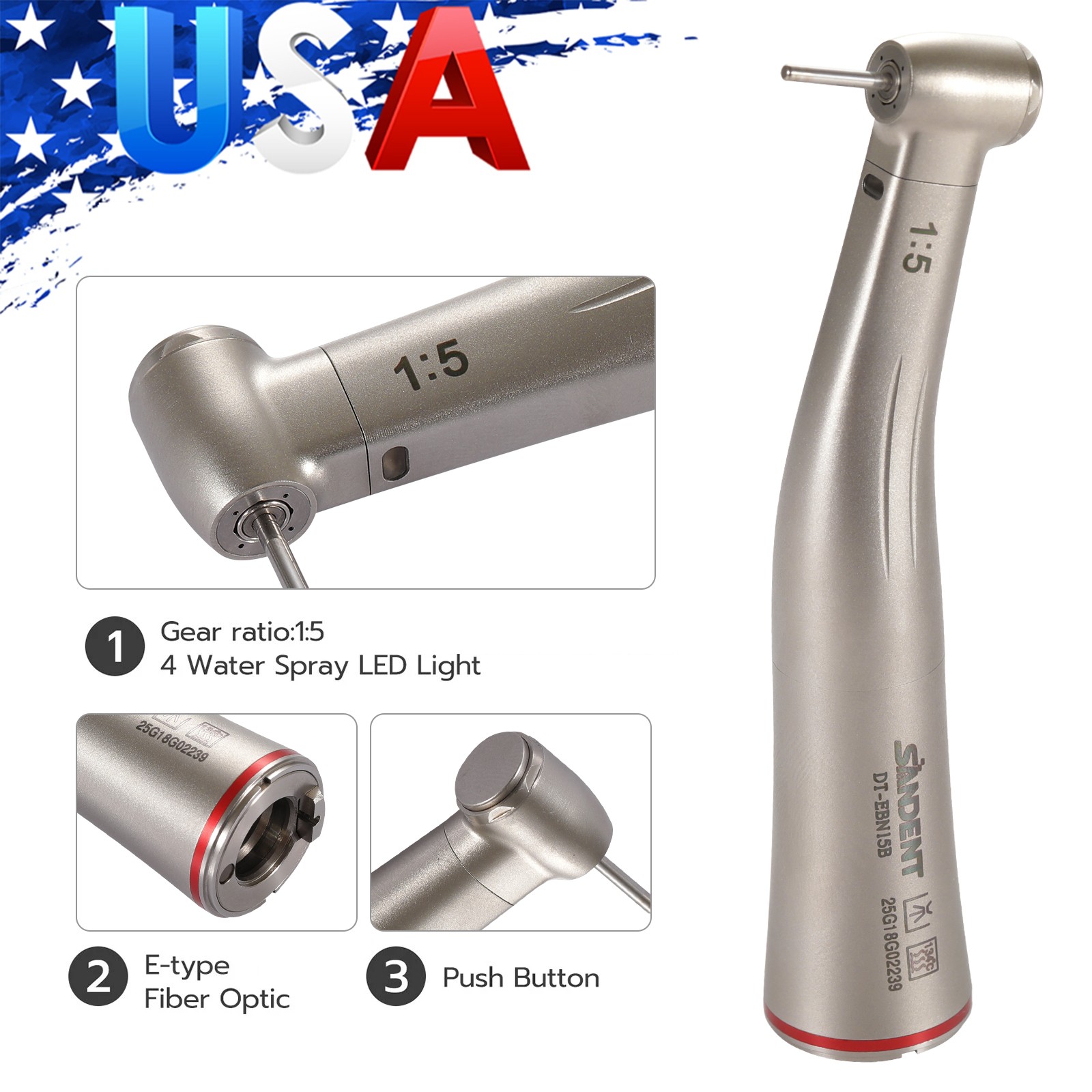 SANDENT 1:5 Increasing Fiber Optic LED Electric Contra Angle Handpiece UPS