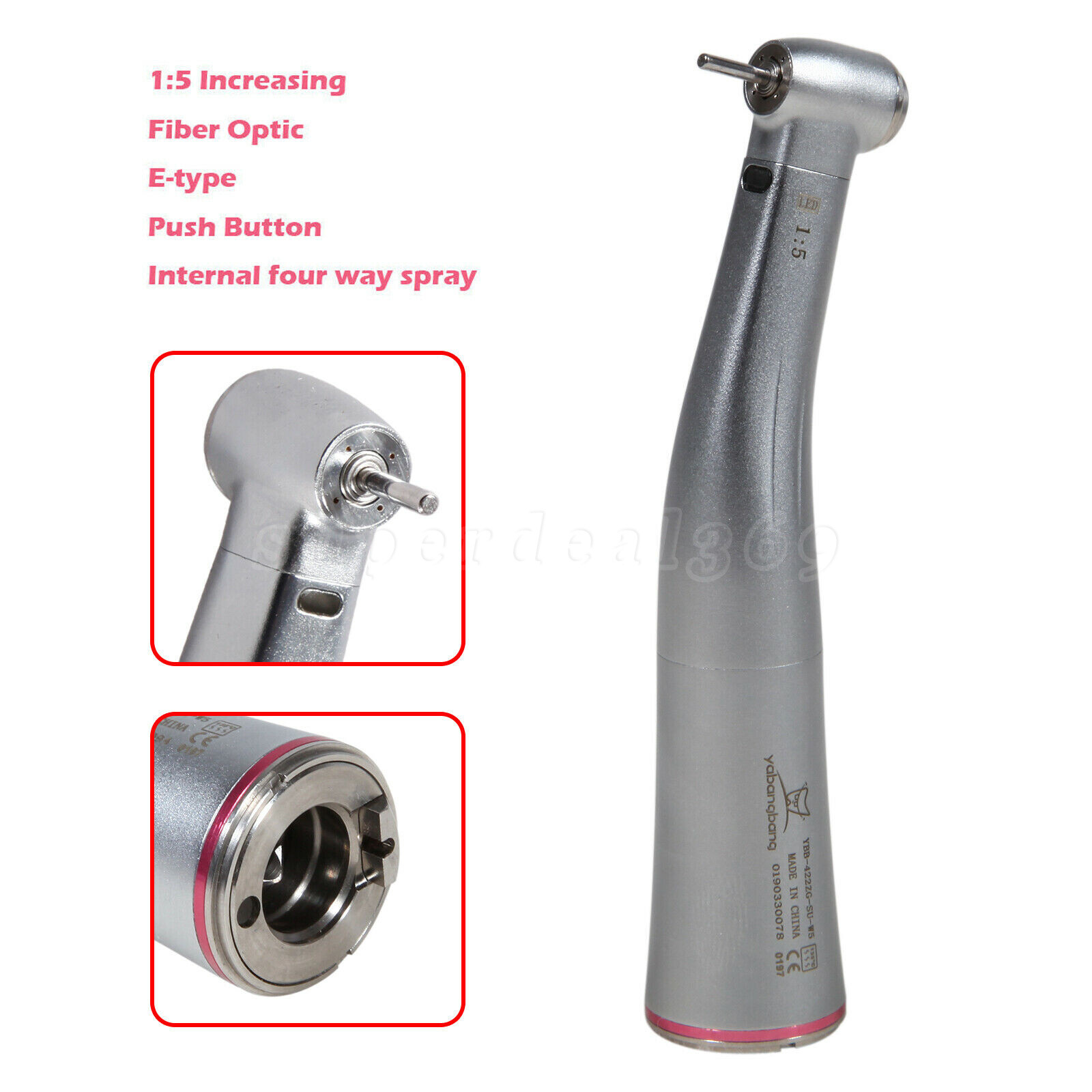 NSK Style Dental 1:5 Increasing LED Contra Angle Handpiece Push Button YBB-W5
