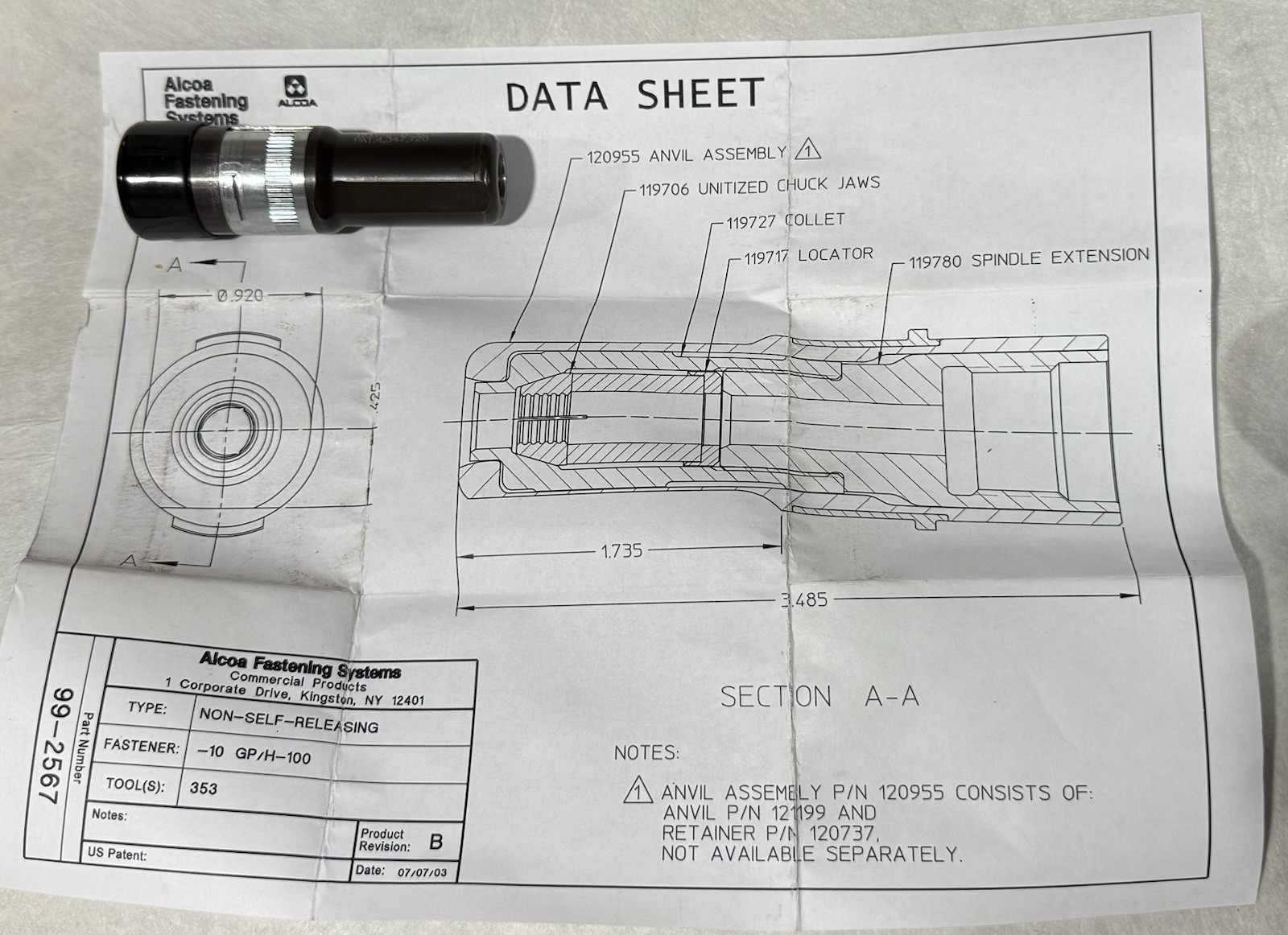Alcoa Fastening – p/n 99-2567 nose assembly for Huck guns. New in opened box.