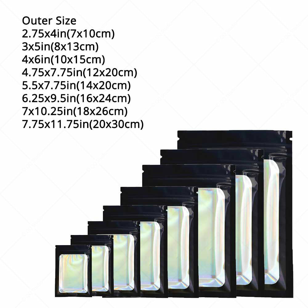 Multi-Size Double-sided Black Glossy Foil Mylar Flat Zip Lock Bag w/Front Window