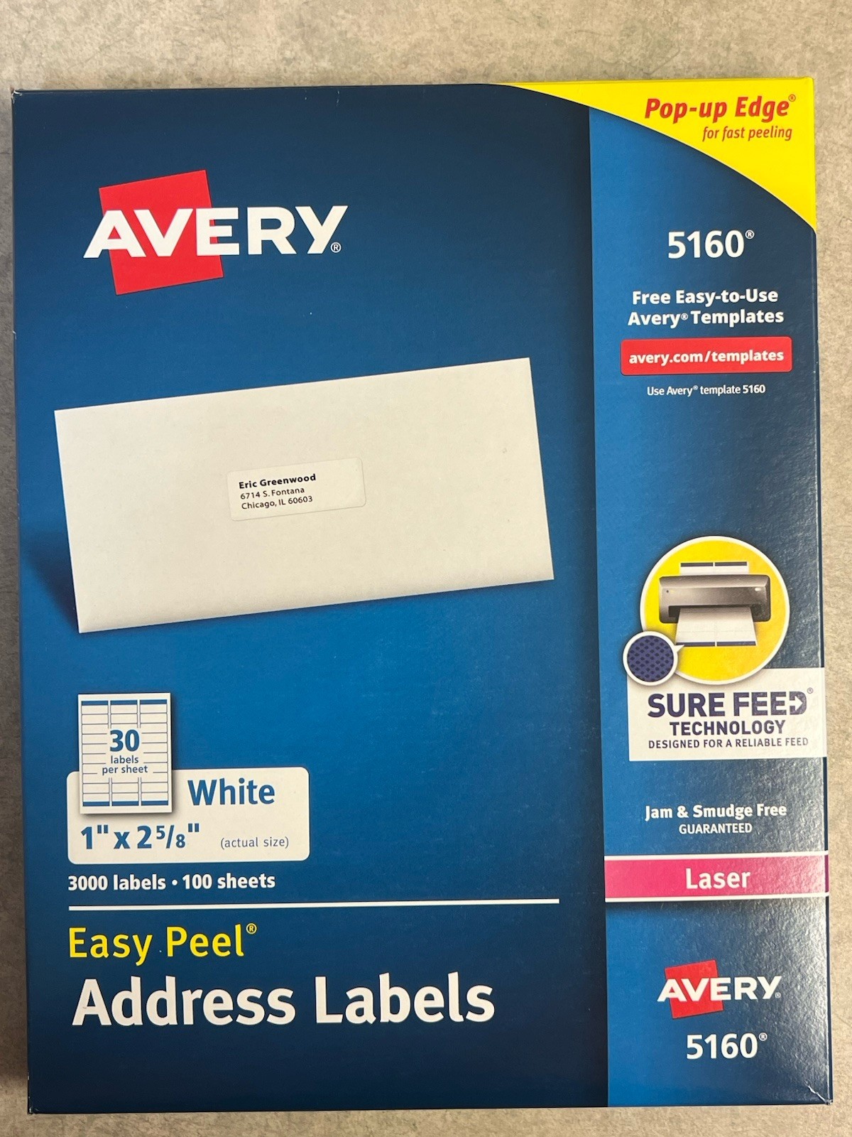 AVERY #5160 LASER 10 SHEETS 300 TOTAL ADDRESS LABELS 1” X 2 5/8”