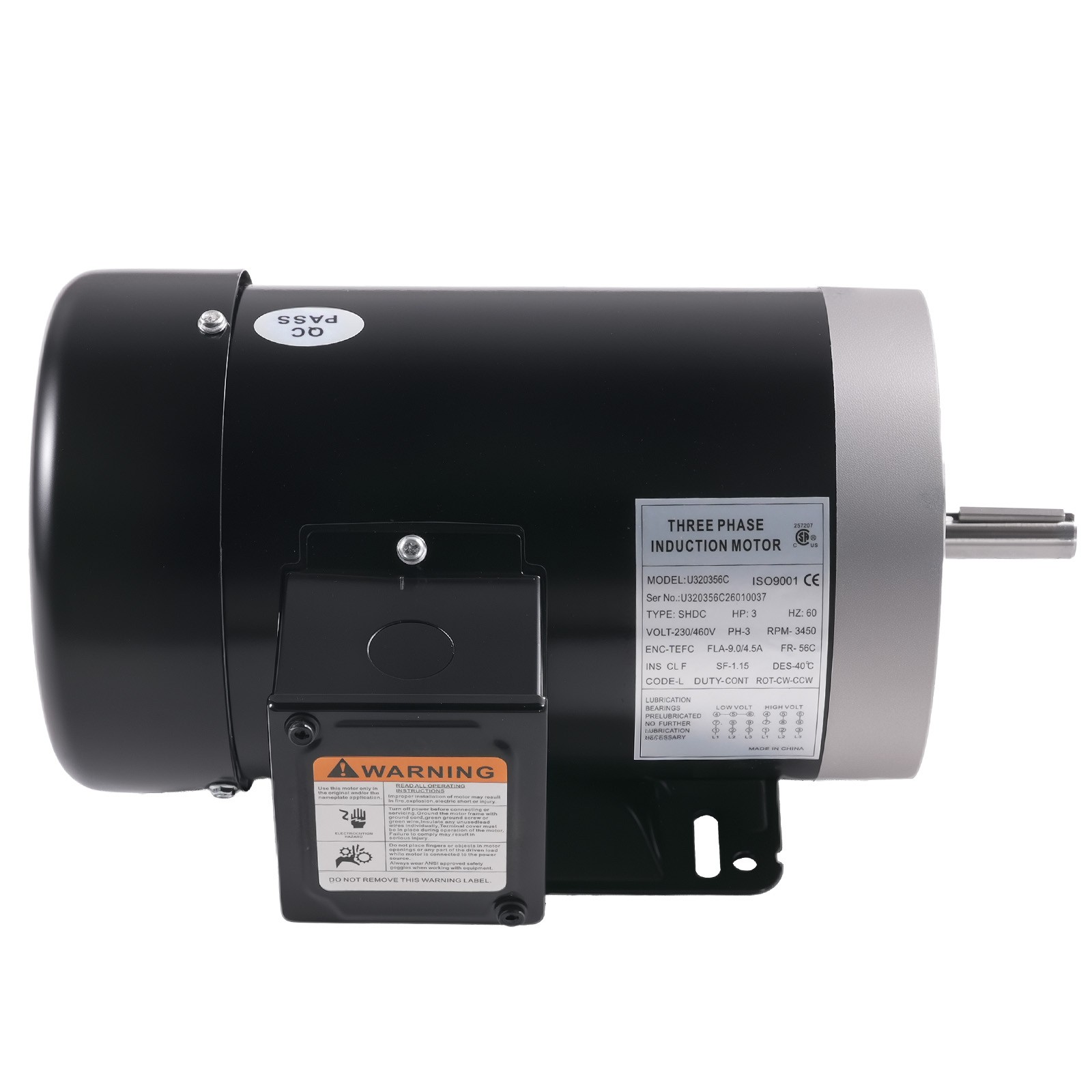3HP Electric Motor, Industry AC Motor 3450 RPM Farm Duty 3 Phase 56C Frame 230V