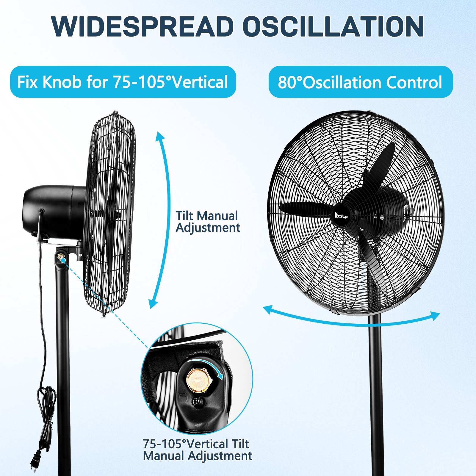20″ High Velocity Industrial Pedestal Fan, 5000CFM Oscillating Fan With 4-Speeds