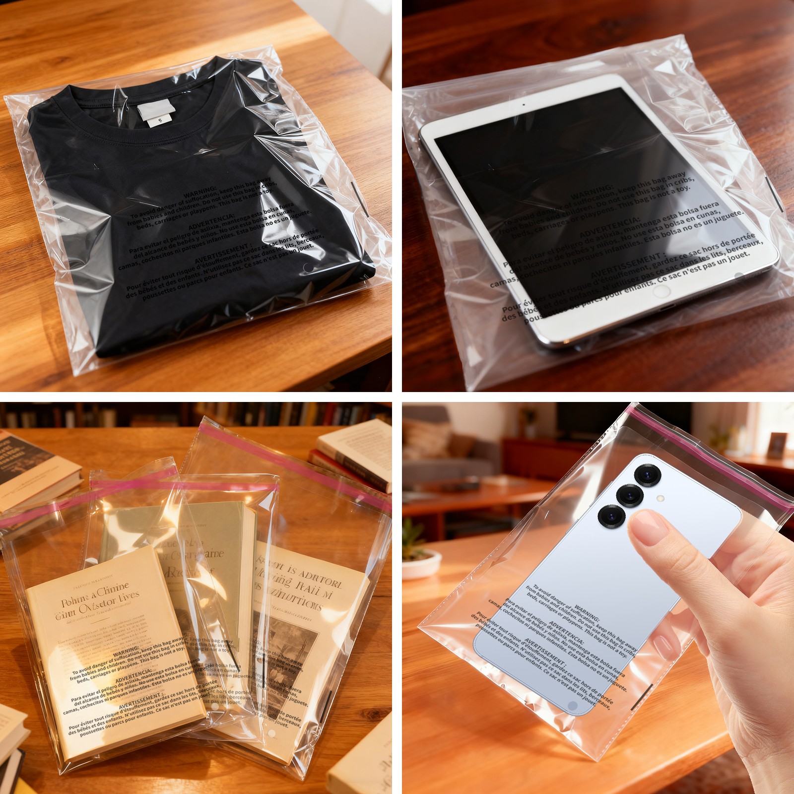 100-1000Pack Suffocation Warning Clear Poly Bags Self Adhesive for Shirt Apparel