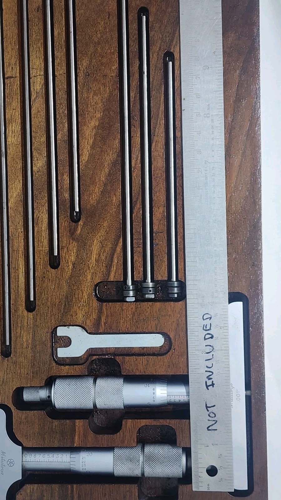 Mitutoyo Depth Gauges 0-6″ Set In Custom Wood Holder 2-3/8″ & 4″ Bases