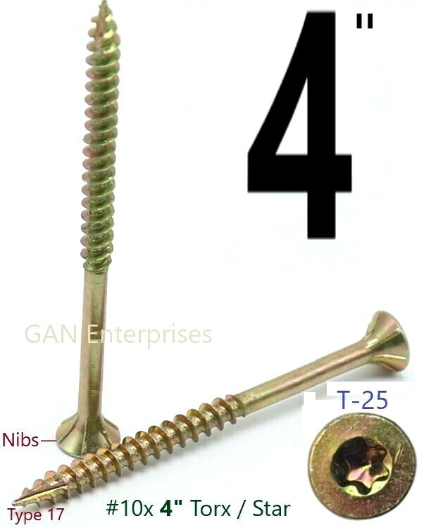 Torx 1-1/4 to 4″ Star Flat Head with nibs Yellow Zinc Type 17 Outdoor Wood Screw