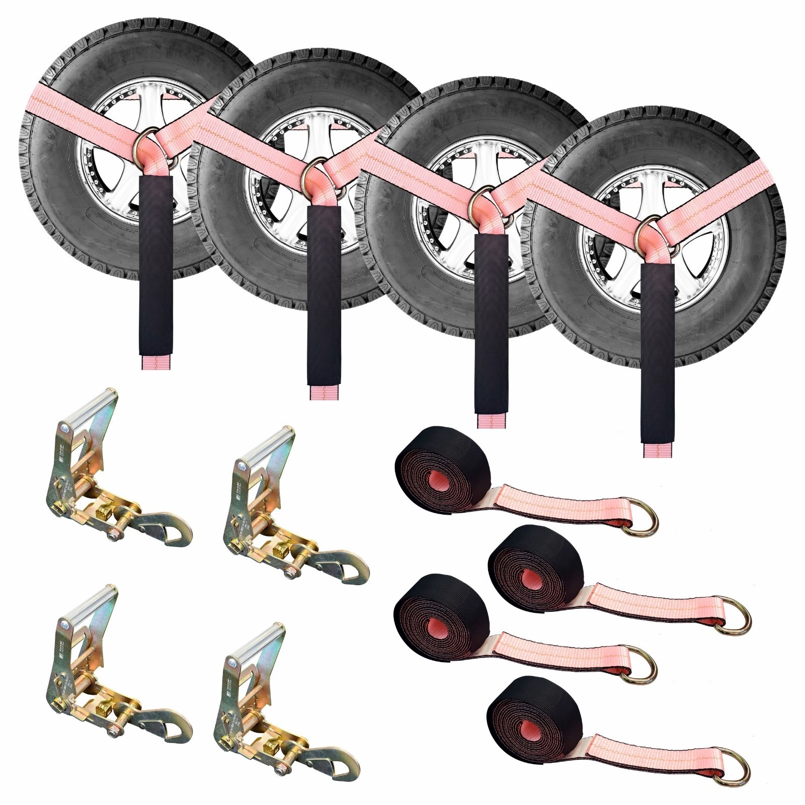 4 Sets 2″ x 10′ Ratchet w/Flat Snap Hook Wheel Lift Lasso Strap Tow Truck Towing