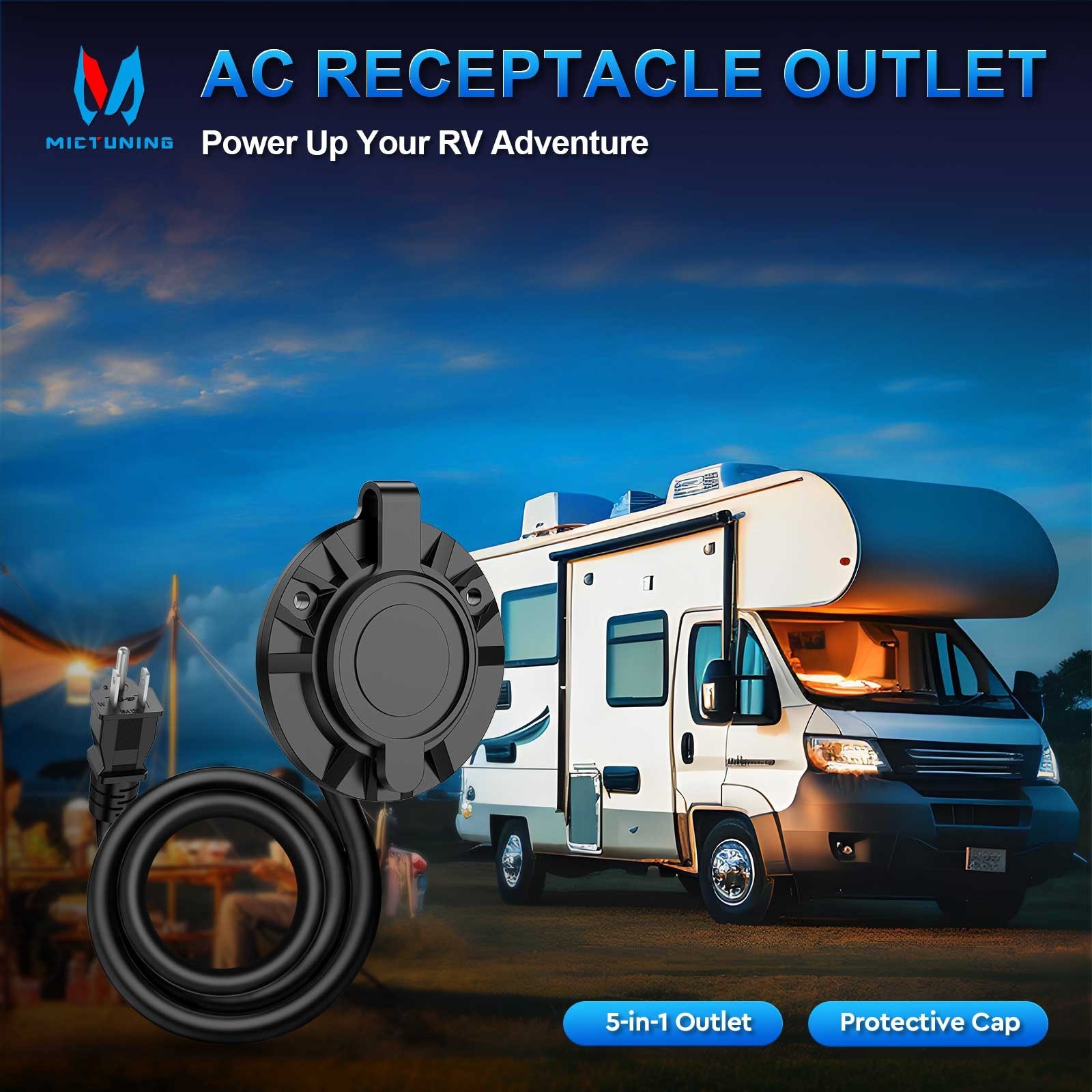 5-in-1 Outdoor Power Outlet, 20A 125V RV Power Outlet Shore Charger Socket 12AWG