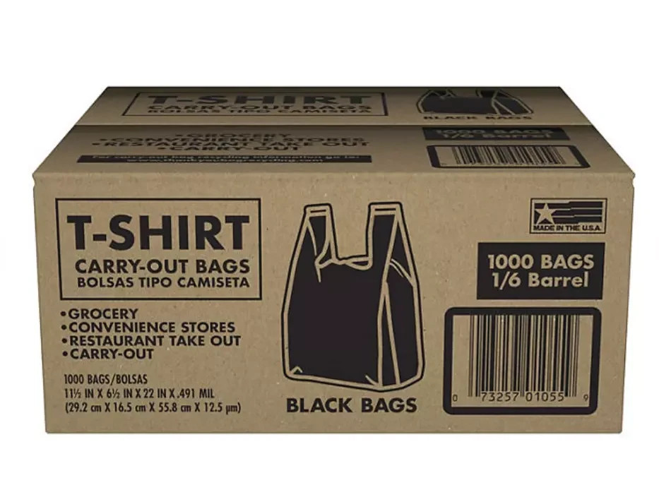 Black T-Shirt Carryout Bags, 11.5″ x 6.5″ x 22″ (1,000 ct.)