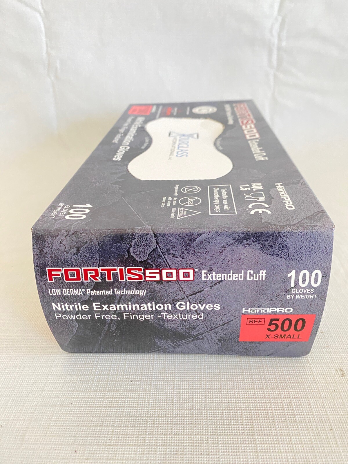 (~180 Pc) HOURGLASS Fortis500 Low Derma Nitrile Exam Gloves – XSmall Matte Black