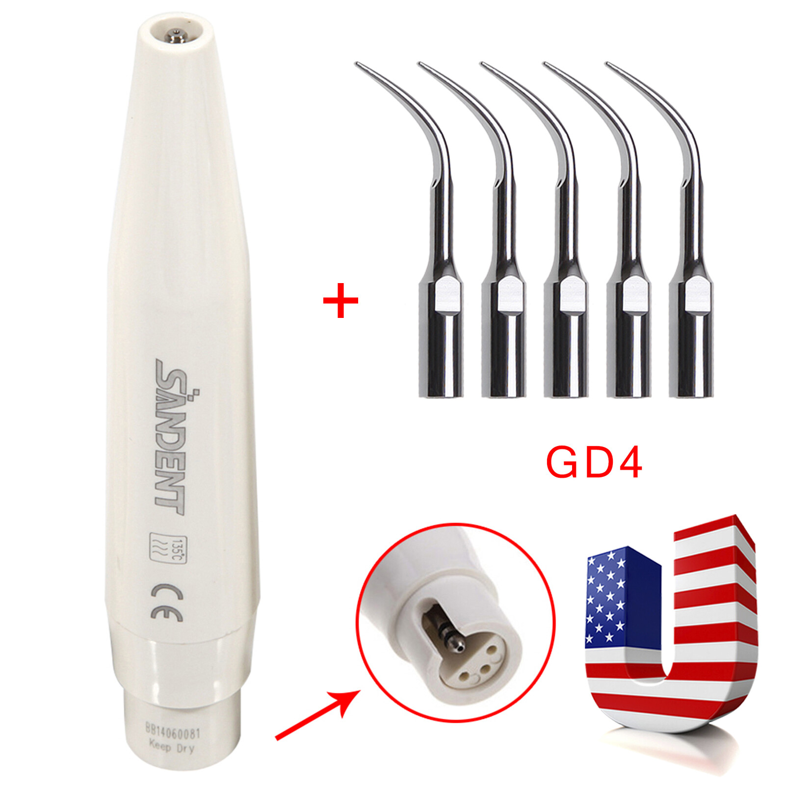 Dental Ultrasonic Scaler Handpiece / 5-20* Scaling Tips GD4 Fit DTE SATELEC NEW