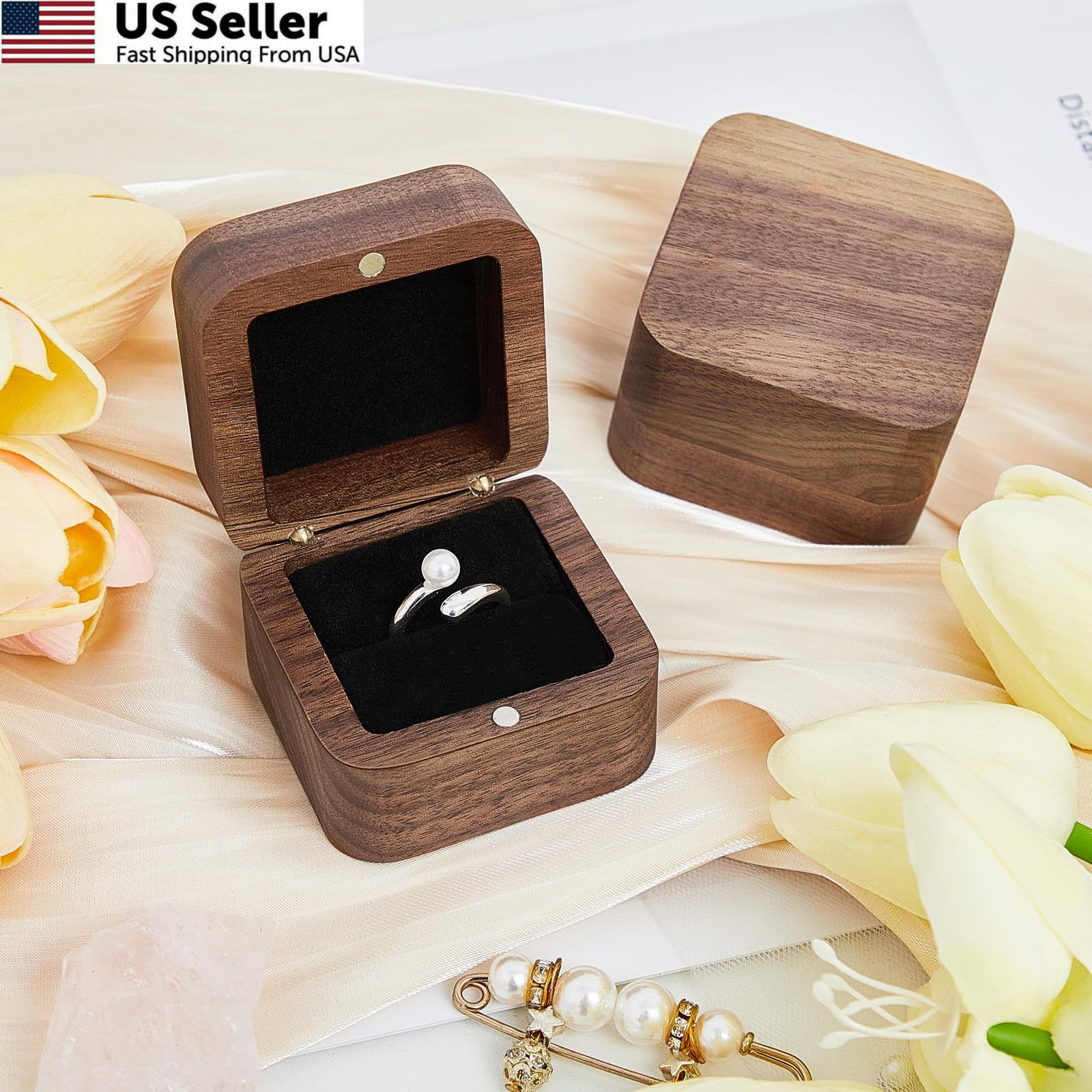 Loetere 6 Pcs Square Wooden Ring Boxes for Wedding Ceremony Mini Black