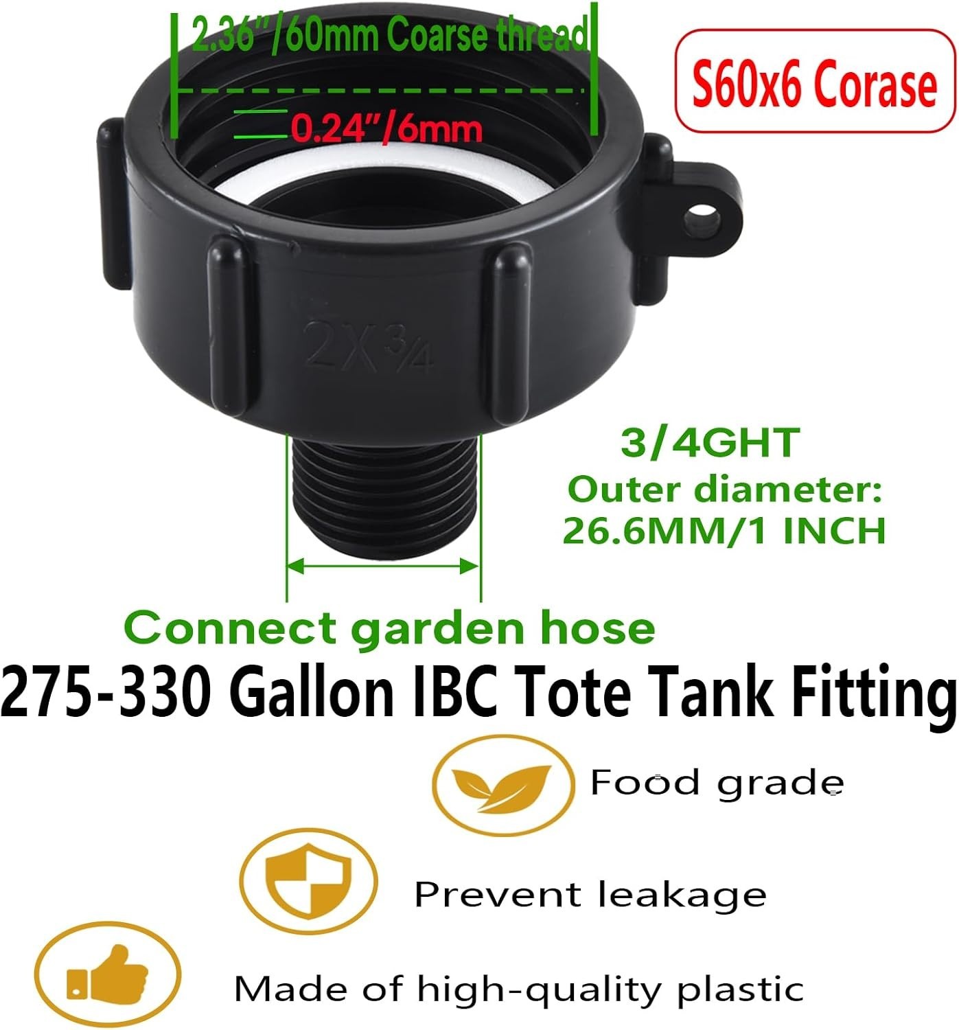 Food Grade IBC Hose Adapter: Leakproof 2″ Coarse Thread to Garden Hose Connector