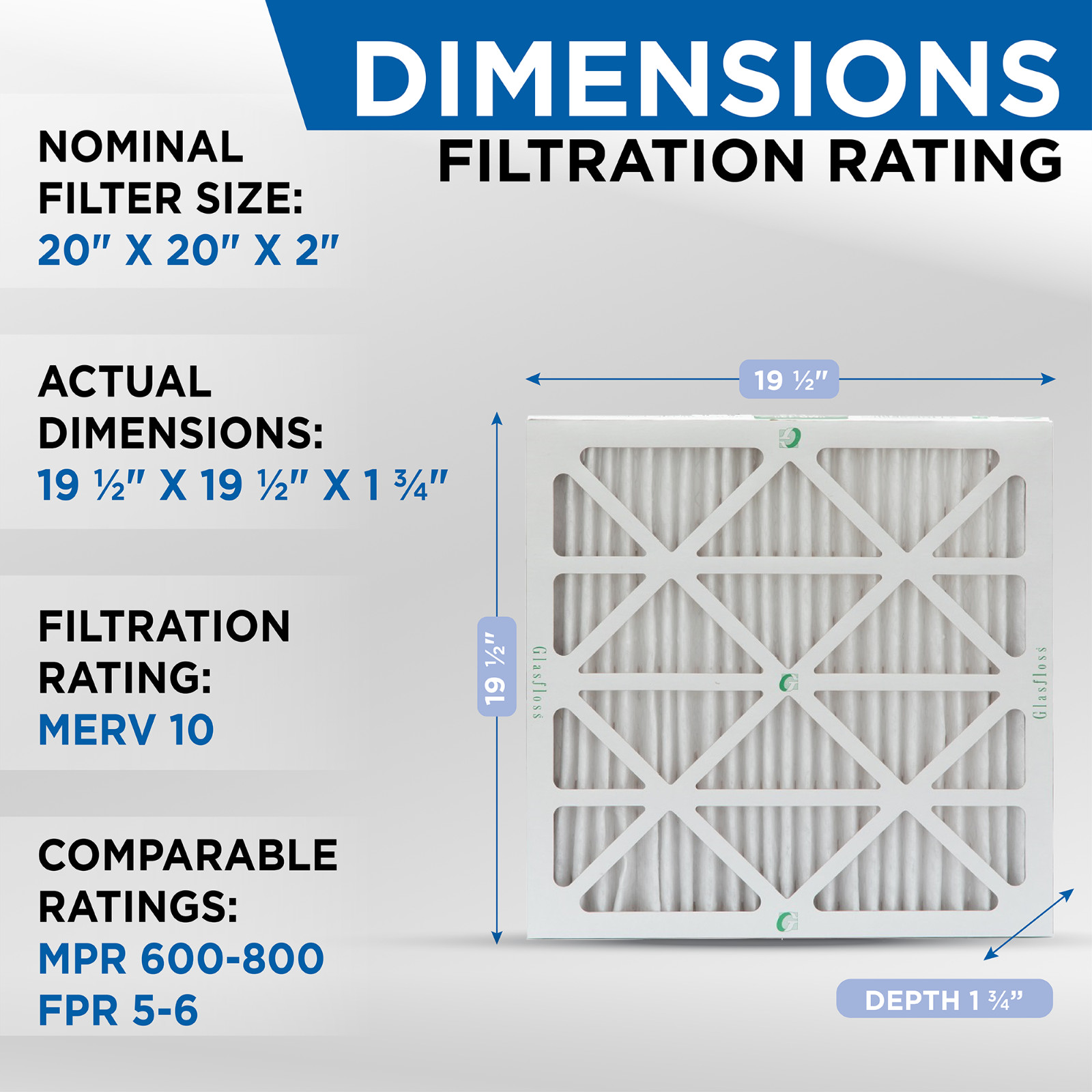 20x20x2 MERV 10 HVAC Air Filters. Box of 6. Actual Size: 19-1/2 x 19-1/2 x 1-3/4