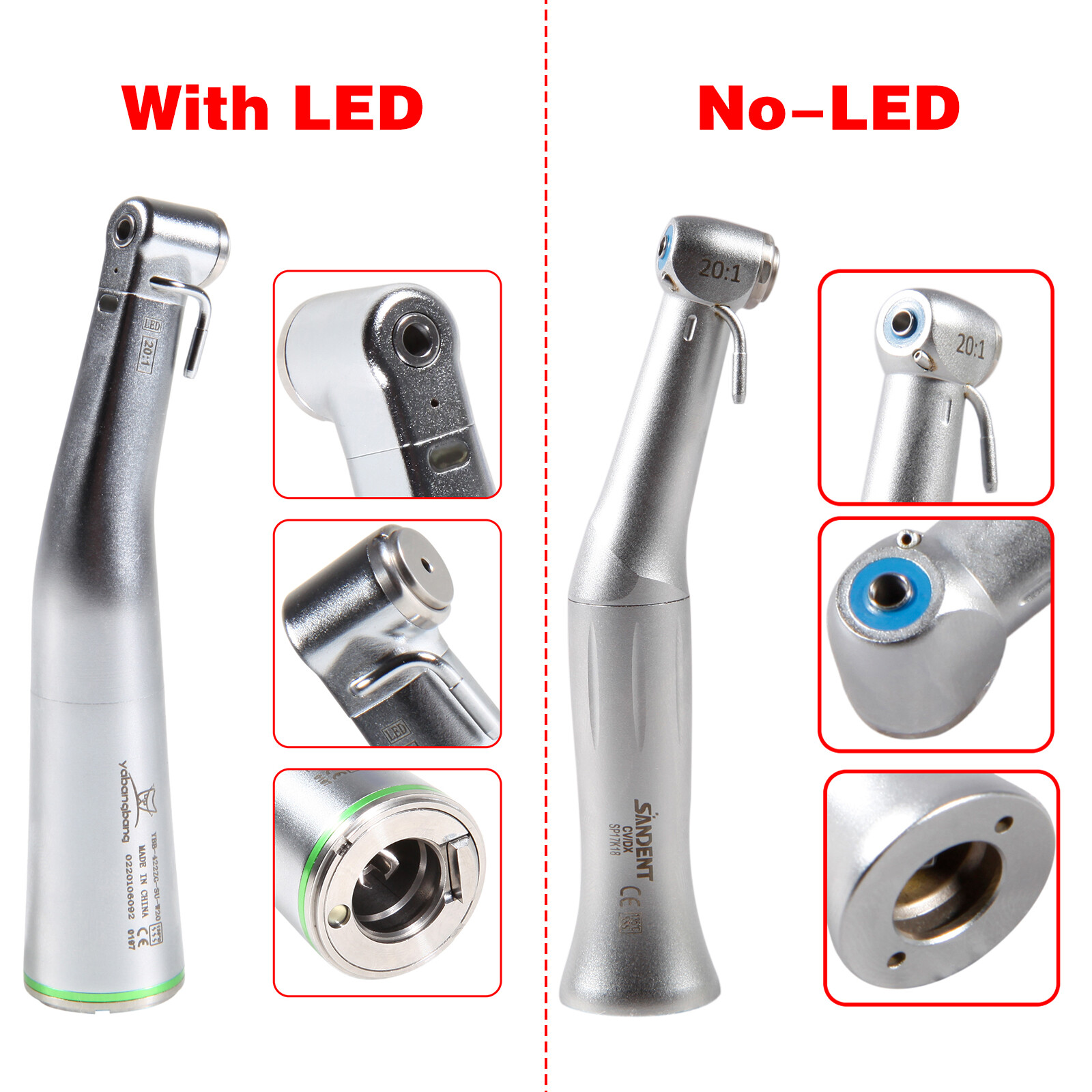 Dental Implant Handpiece 20:1 Reduction Contra Angle Fiber Optic LED/No LED