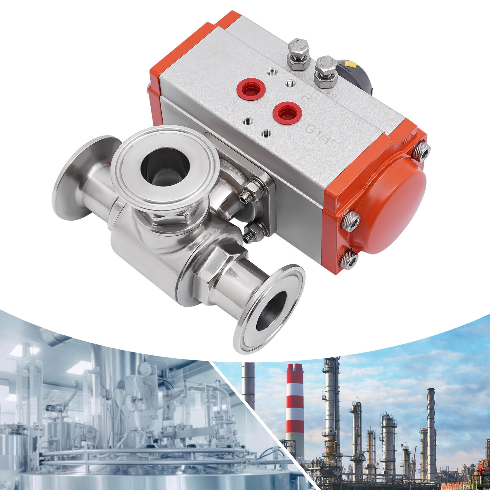 Three way L-port Tri-Clamp Pneumatic Ball Valve 1″ Sanitary Stainless 304 NEW