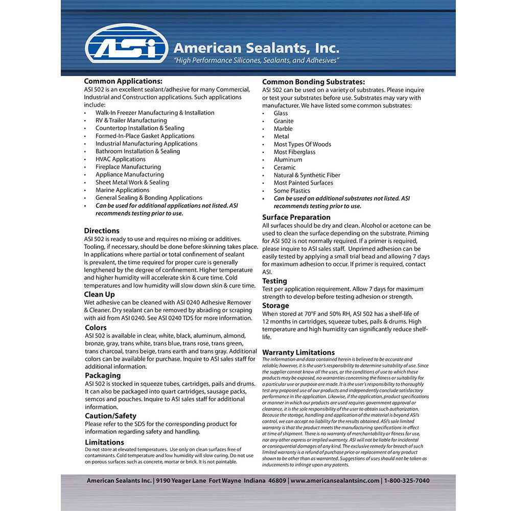 ASI 502 Black Food Grade 100% RTV Silicone Sealant – 2.8 Oz Squeeze Tube