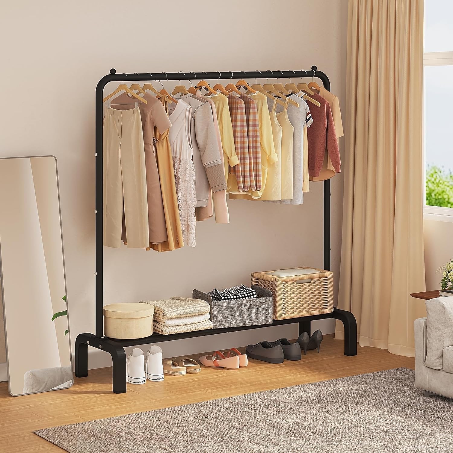 Stylish Black Clothing Rack with Bottom Shelf for Efficient Garment Organization