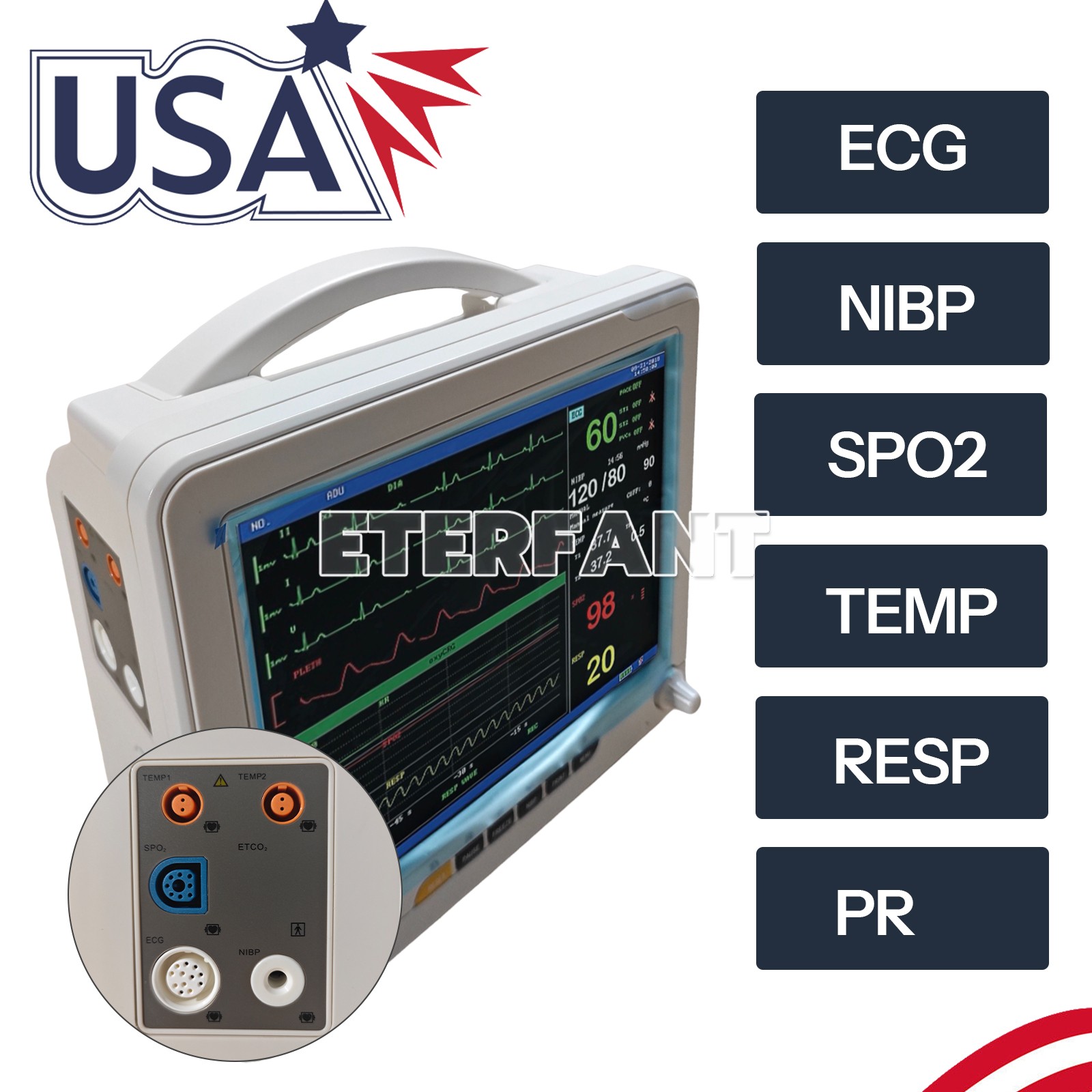 12″ Patient Monitor ICU CCU Vital Sign For Hospital ECG NIBP RESP TEMP SPO2 PR