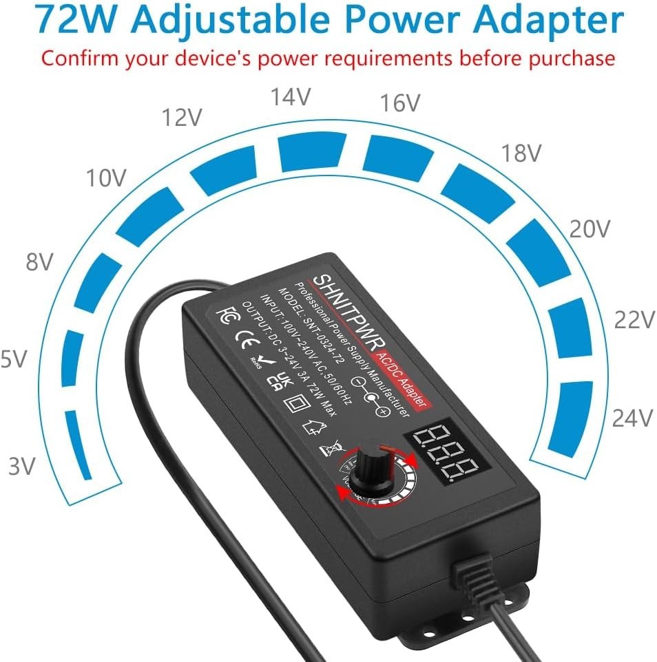 Universal 3A Power Adapter 3V to 24V Adjustable Output for Various Devices