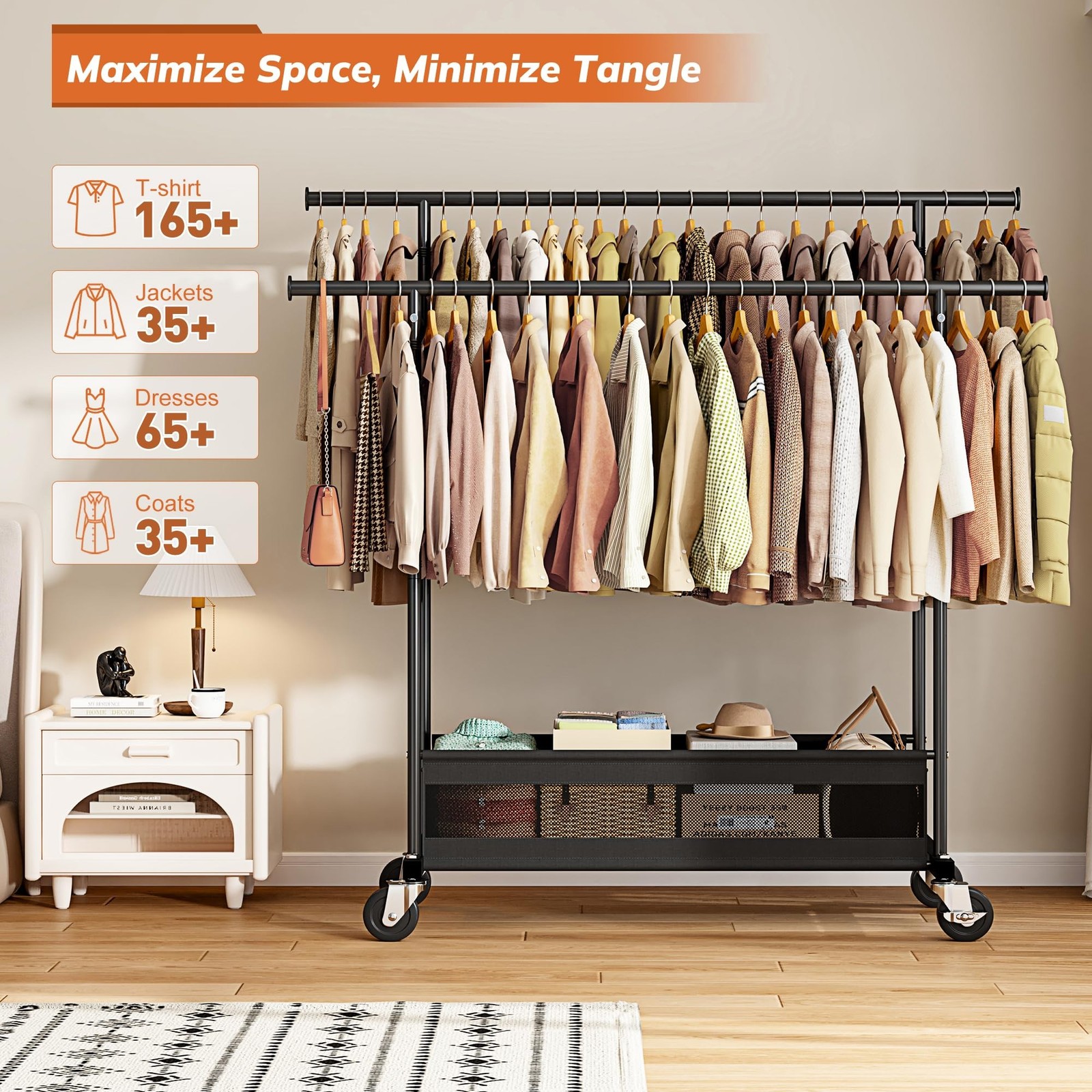 Clothes Rack, Double Rod, 210 LBS, Storage Basket, Black | Rolling Garment Ra…