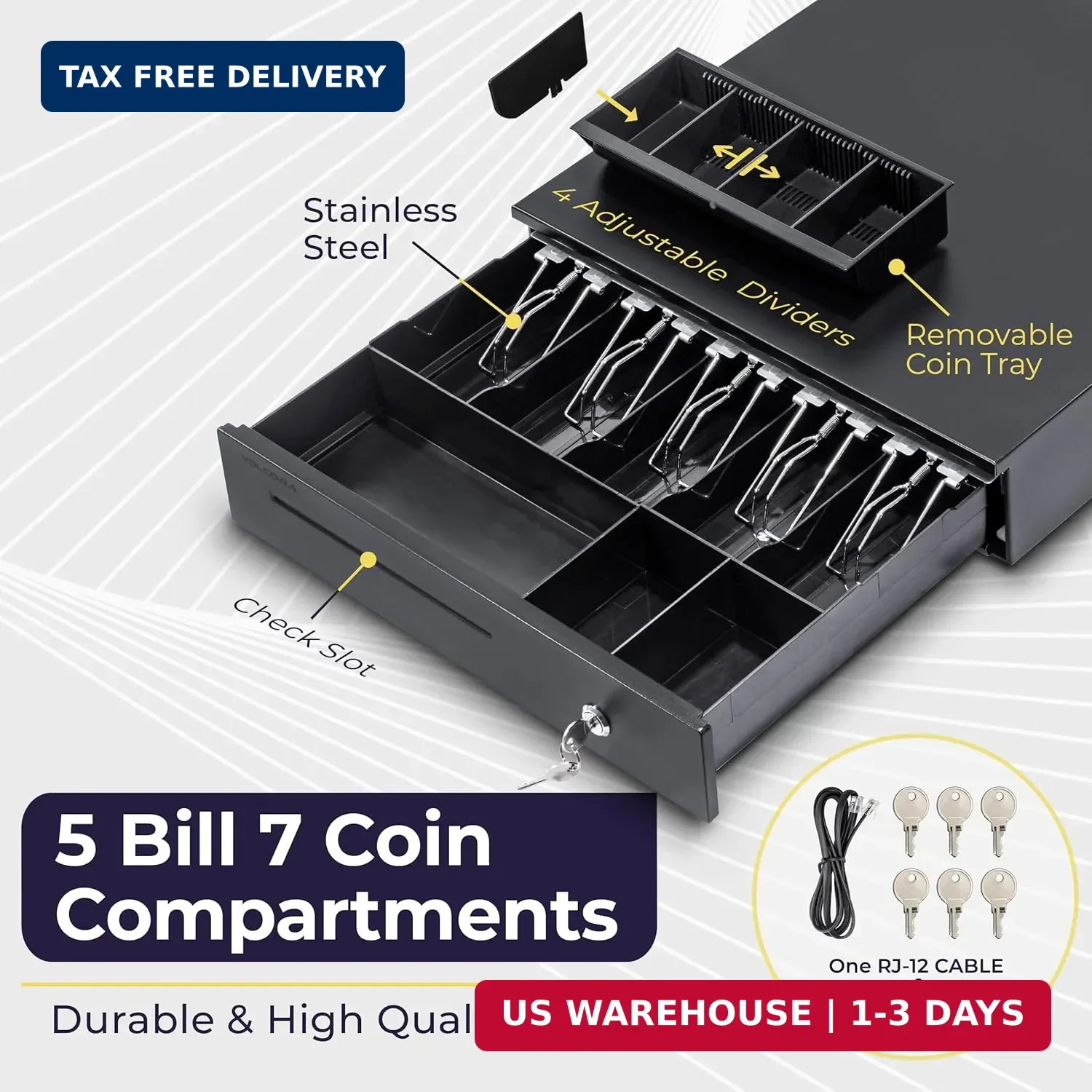 Volcora Cash Register Drawer for Point of Sale (POS) System, 5 Bill/7 Coin, 16″