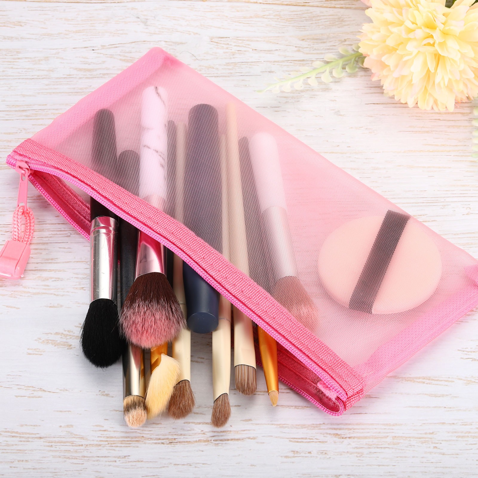 4Pcs Mesh Zipper Bags, A6 Travel Cases Nylon Makeup Pouches, Pink