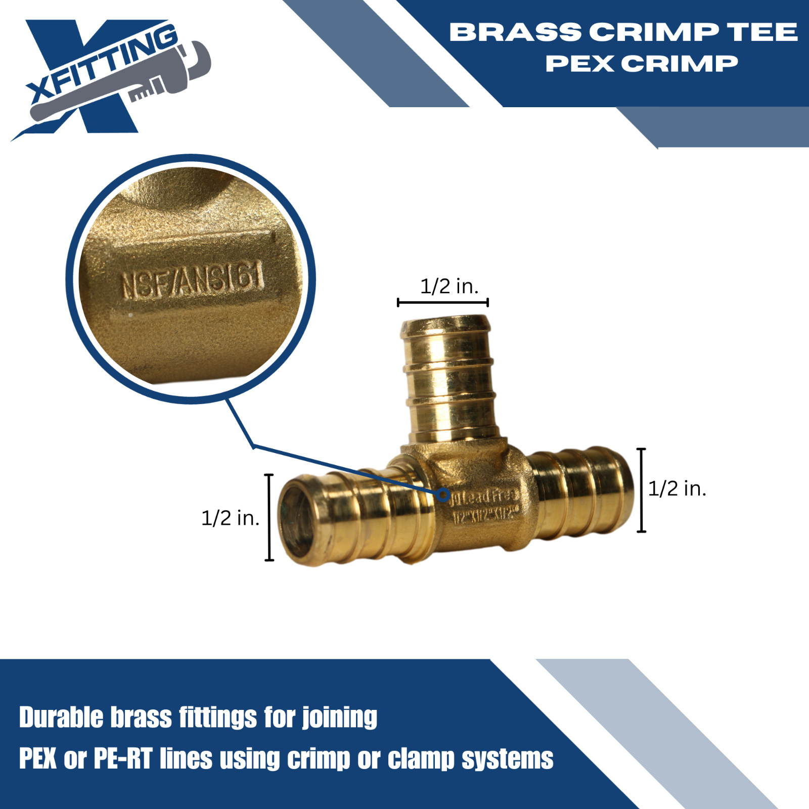 5 Pcs XFITTING 1/2″ x 1/2″ x 1/2″ Pex Tee, Pex Barb Crimp Tee, Lead Free Brass