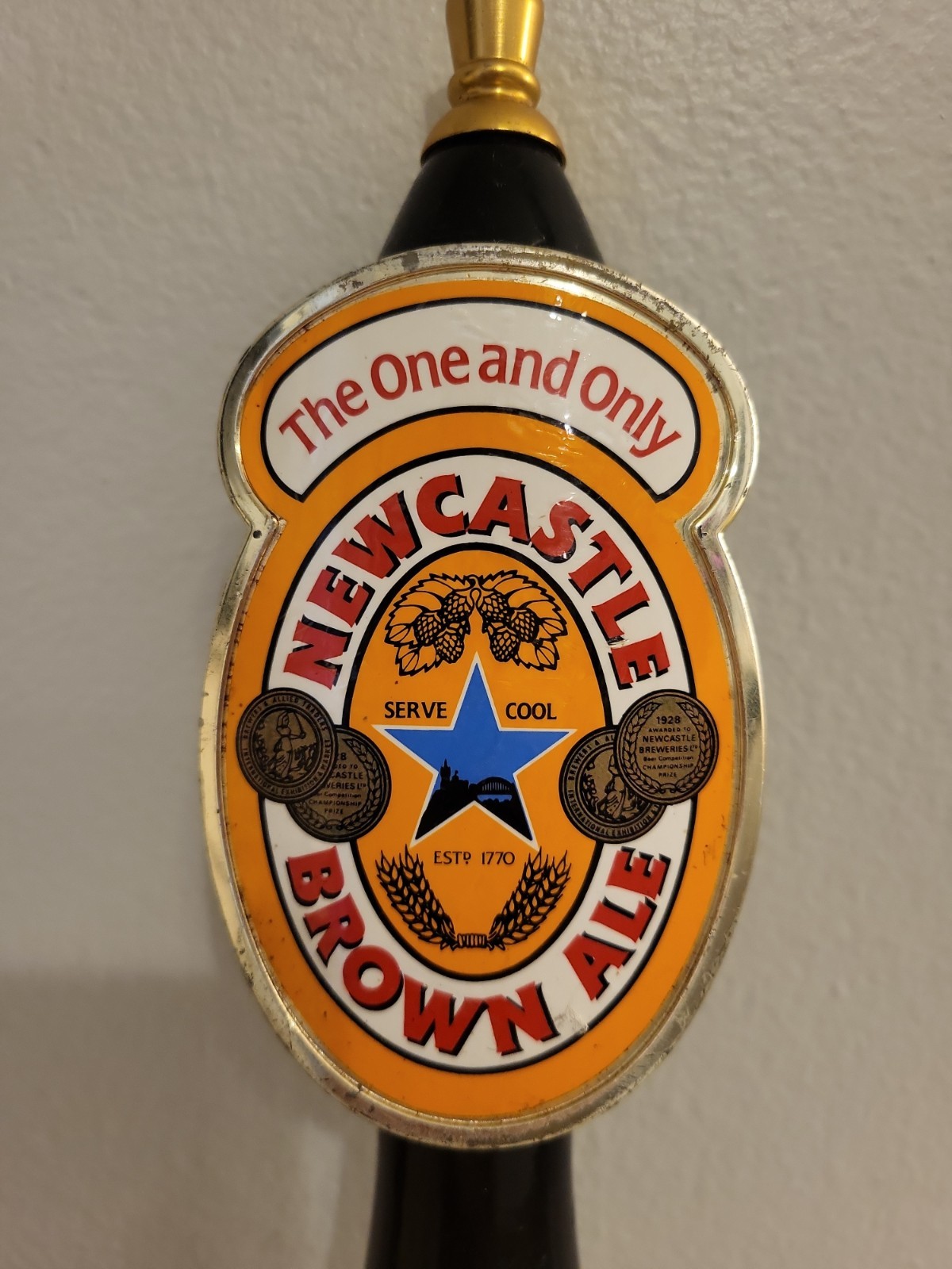 Vtg Newcastle Brown Ale Beer Tap Screw On Handle The One and Only Wood 11.5 IN